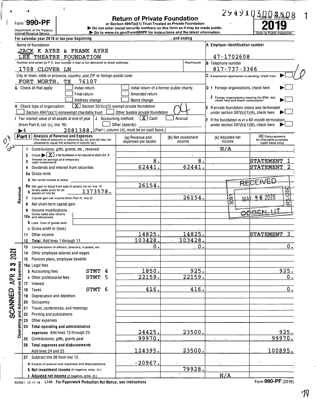 Image of first page of 2019 Form 990PF for Jack K Ayre and Frank Ayre Lee Theatre Foundation