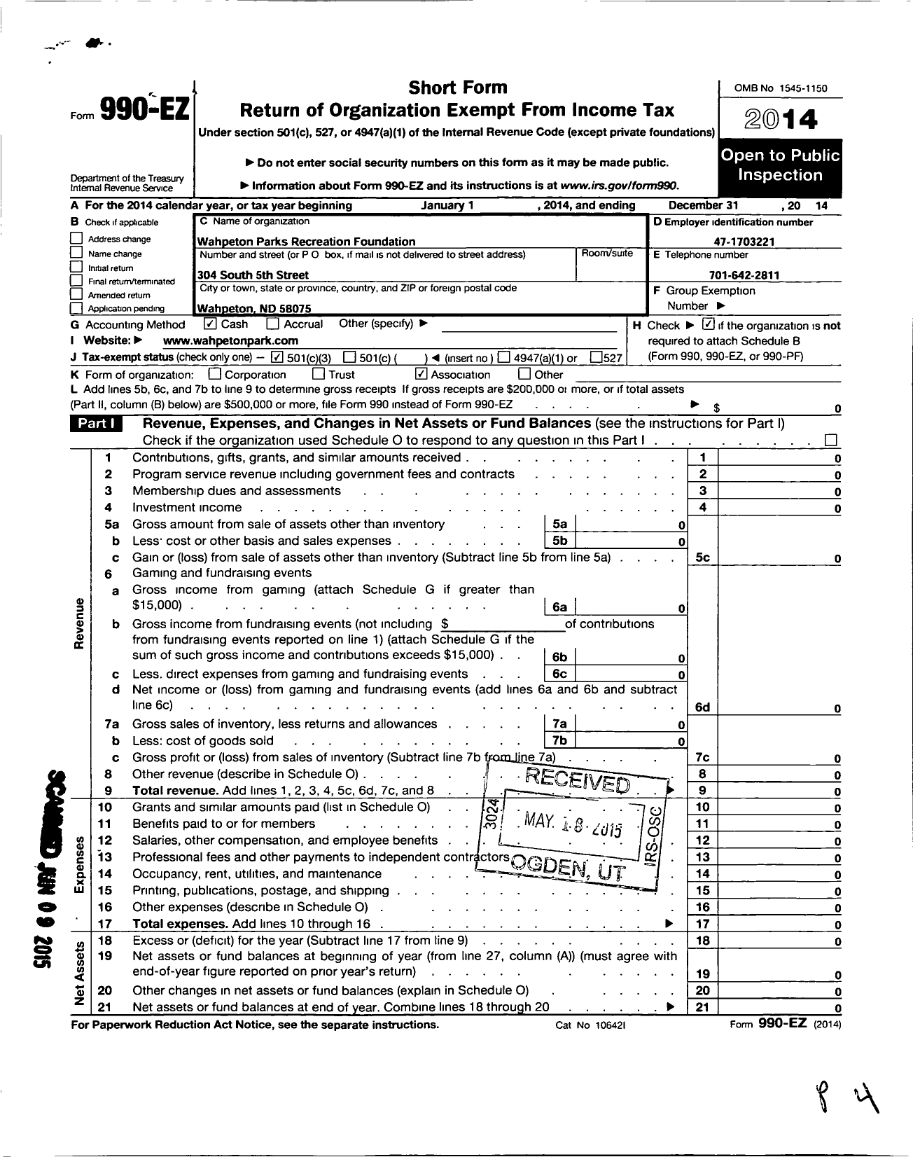 Image of first page of 2014 Form 990EZ for Wahpeton Parks and Recreation Foundation