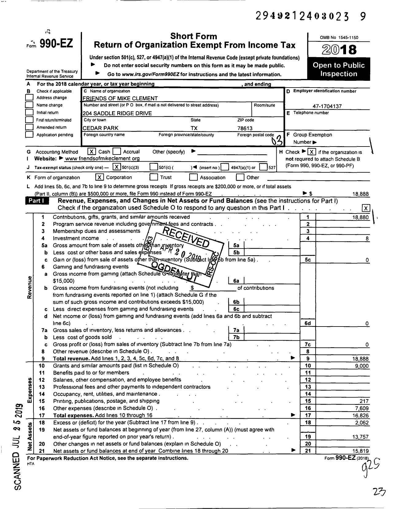 Image of first page of 2018 Form 990EZ for Friends of Mike Clement