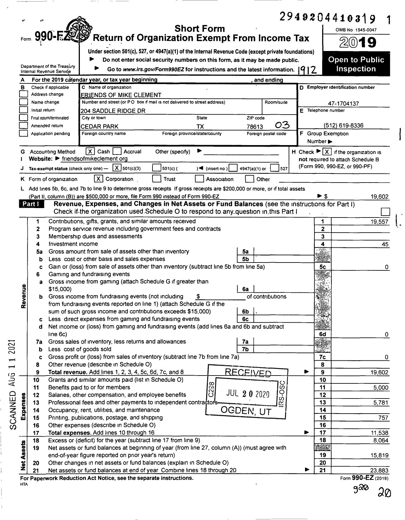 Image of first page of 2019 Form 990EZ for Friends of Mike Clement