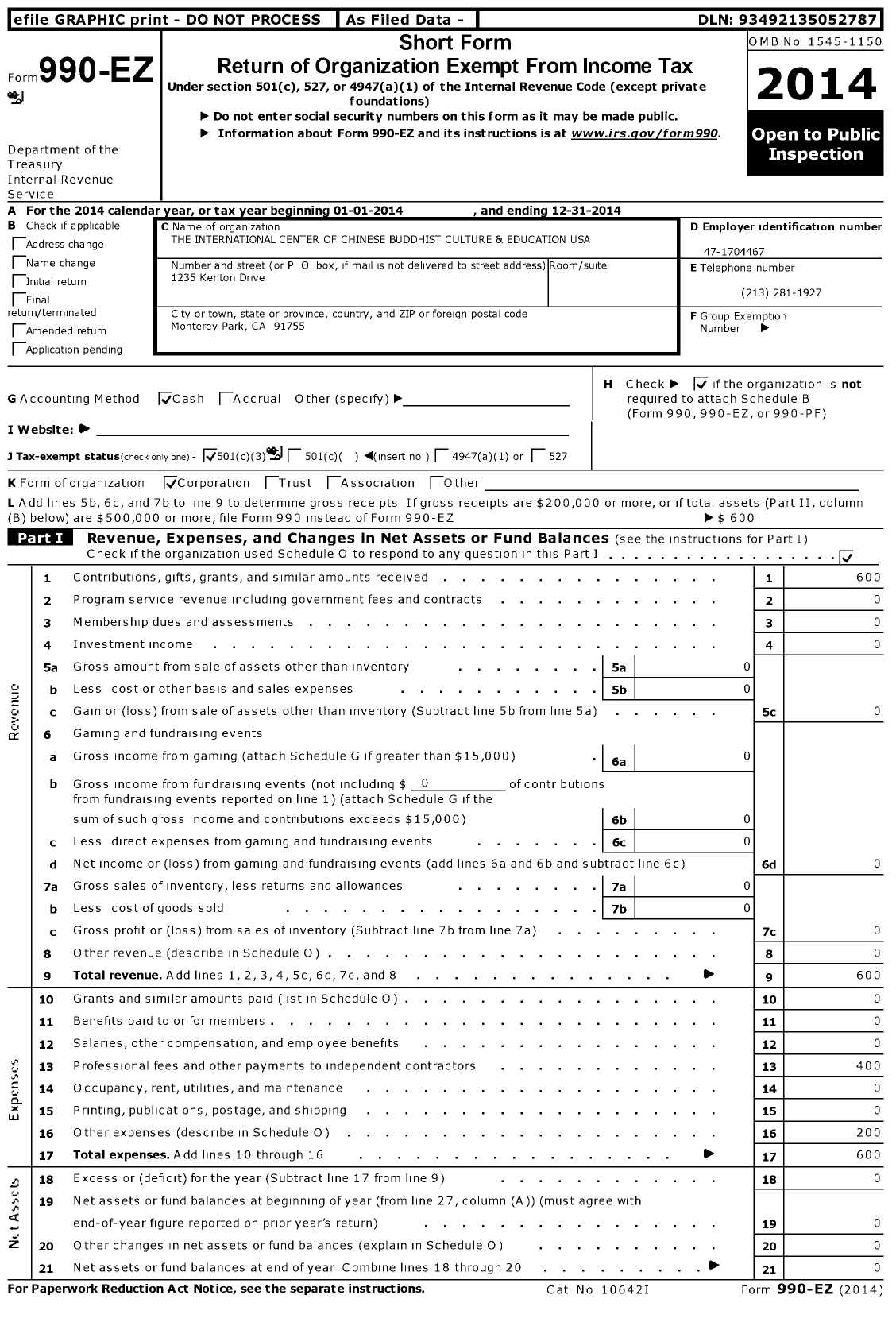 Image of first page of 2014 Form 990EZ for The International Center of Chinese Buddhist Culture and Education USA