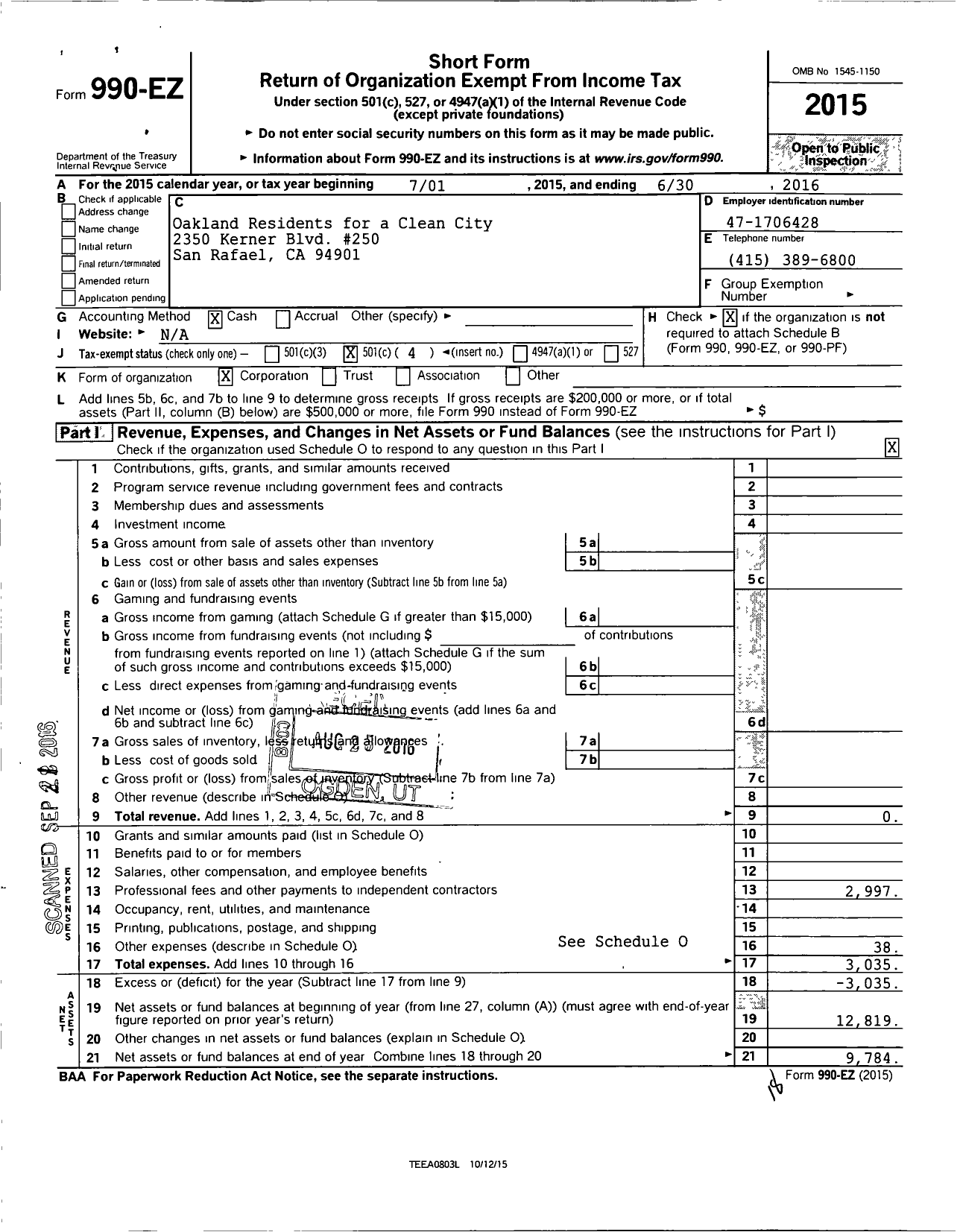 Image of first page of 2015 Form 990EO for Oakland Residents for a Clean City