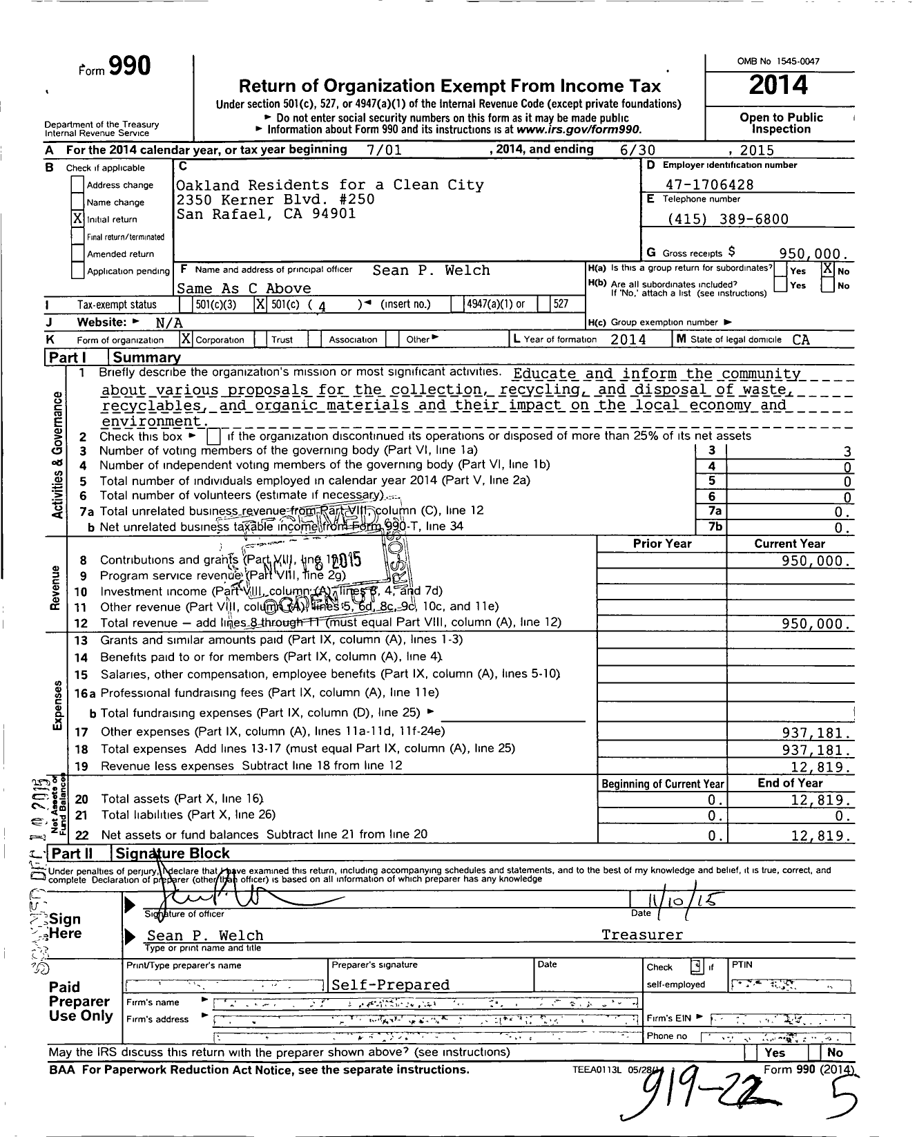 Image of first page of 2014 Form 990O for Oakland Residents for a Clean City