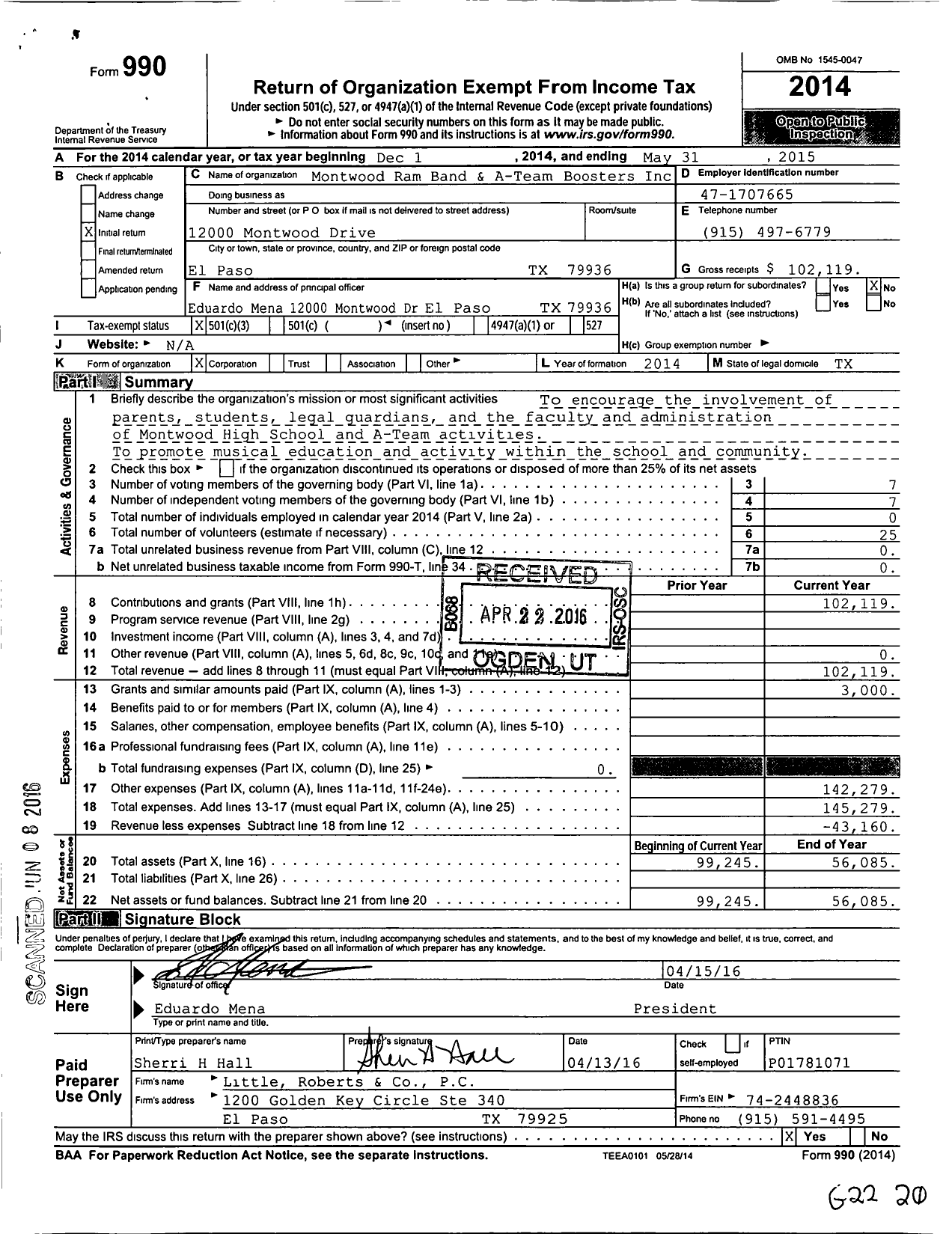 Image of first page of 2014 Form 990 for Montwood Ram Band and A-Team Boosters