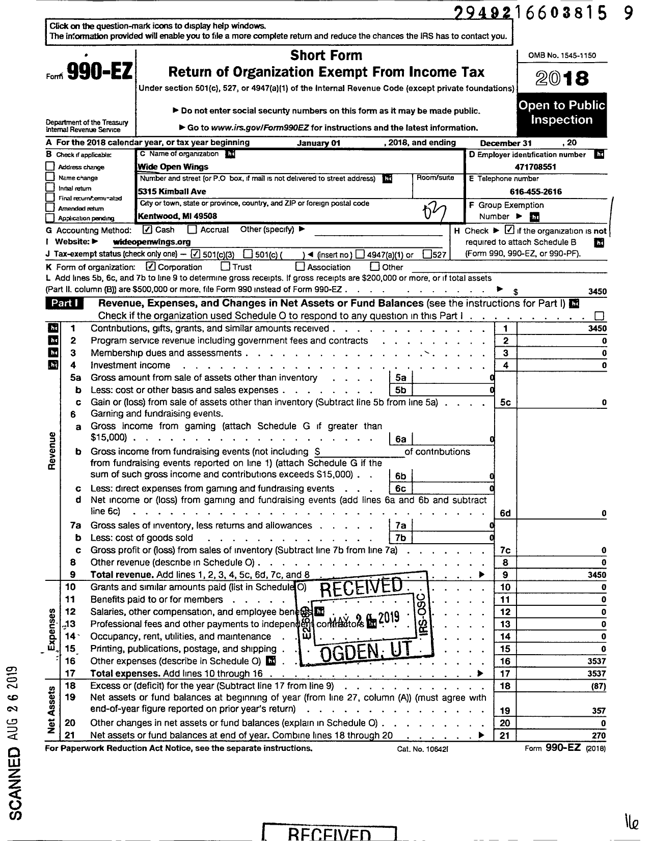 Image of first page of 2018 Form 990EZ for Wide Open Wings