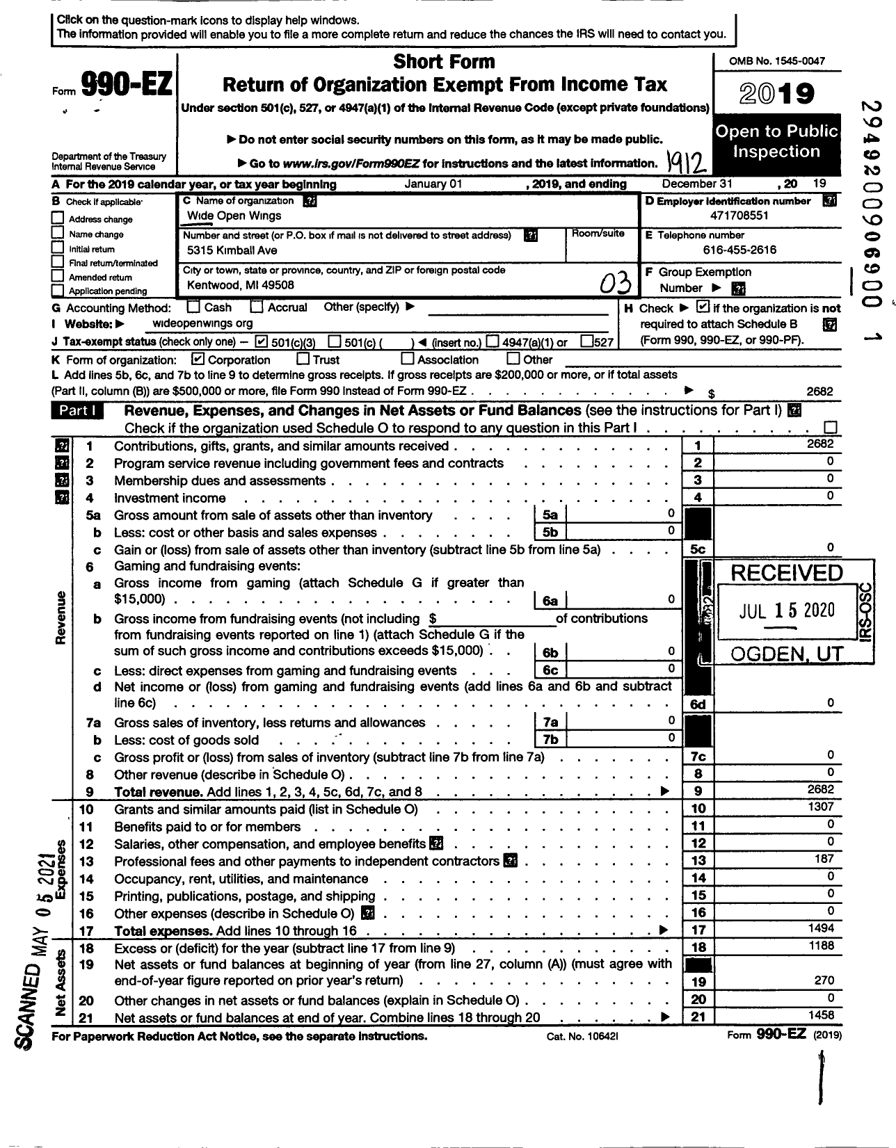 Image of first page of 2019 Form 990EZ for Wide Open Wings