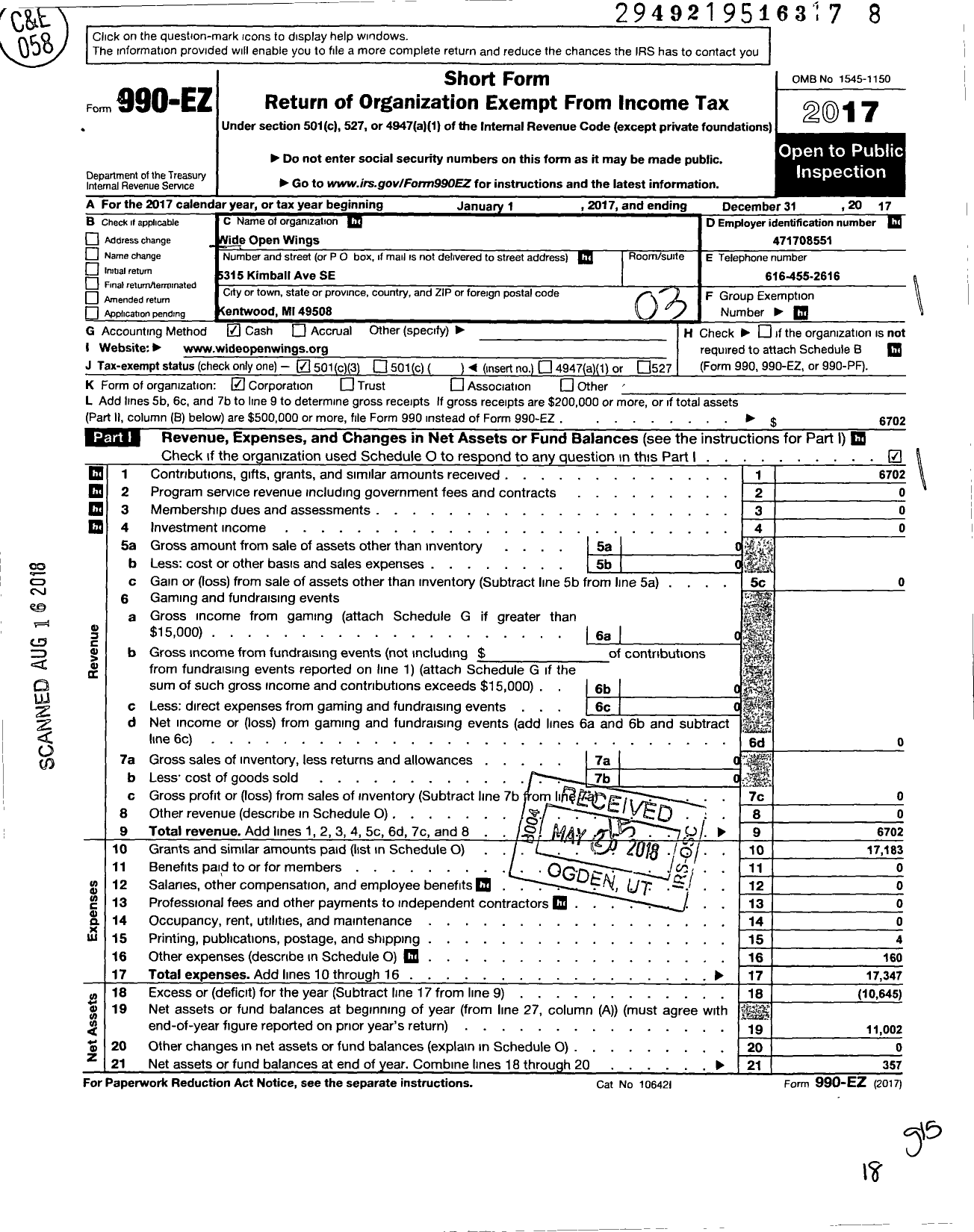 Image of first page of 2017 Form 990EZ for Wide Open Wings