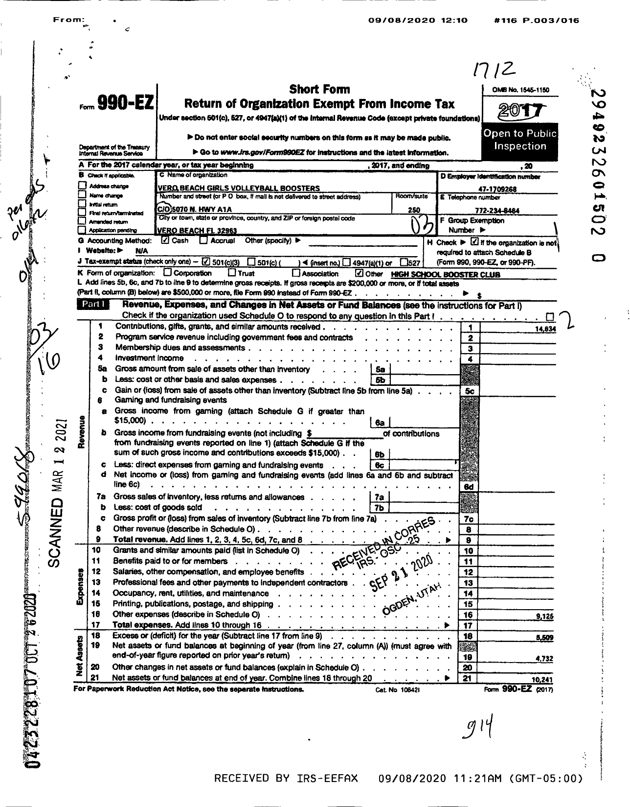 Image of first page of 2017 Form 990EZ for Vero Beach Girls Volleyball Boosters