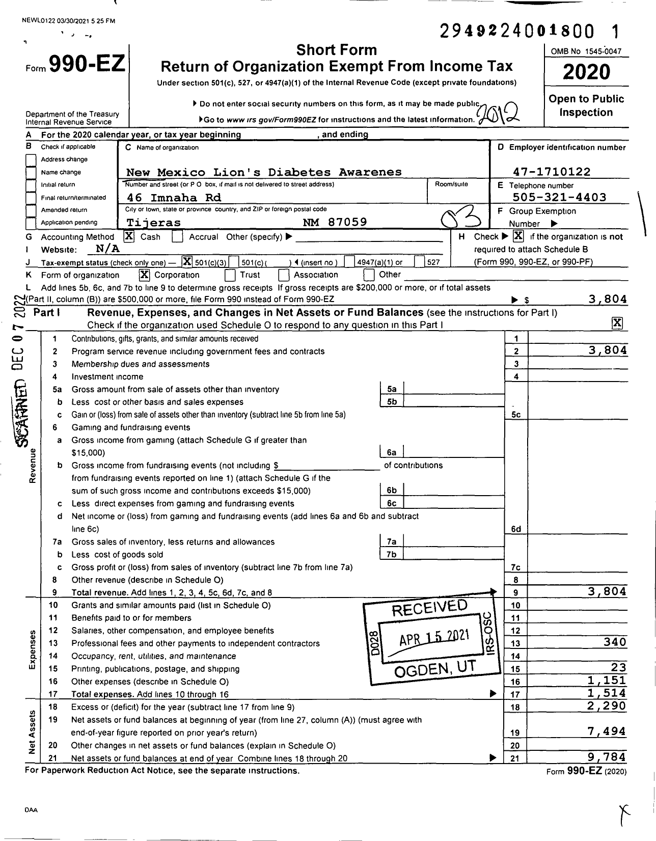 Image of first page of 2020 Form 990EZ for New Mexico Lions Diabetes Awareness Program