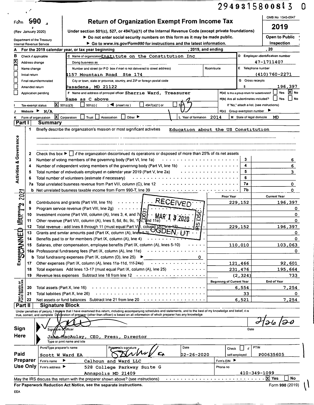 Image of first page of 2019 Form 990 for Institute on the Constitution