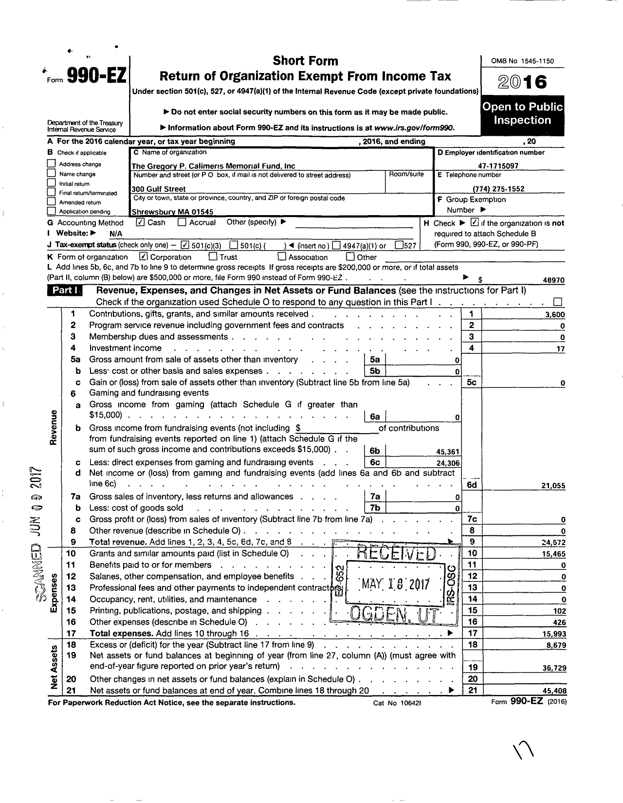 Image of first page of 2016 Form 990EZ for Gregory P Calimeris Memorial Fund