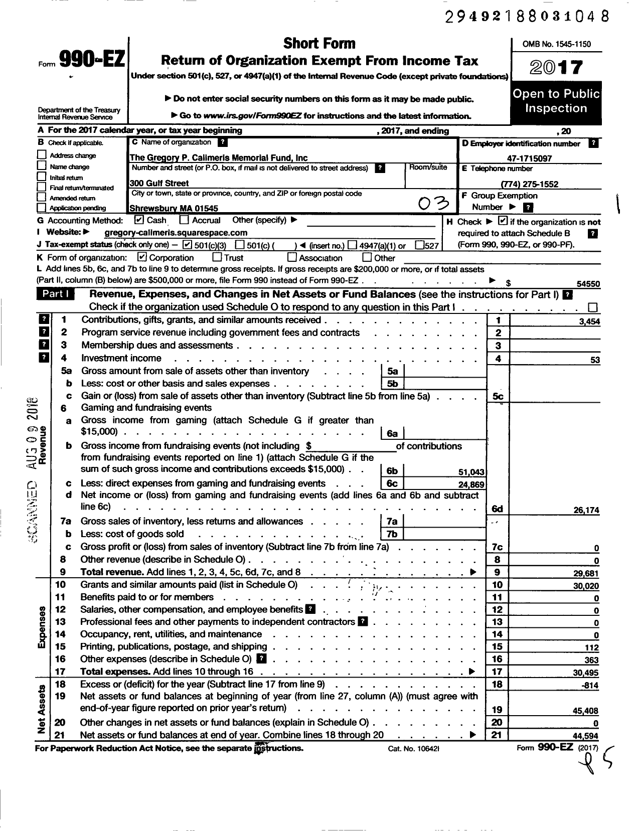 Image of first page of 2017 Form 990EZ for Gregory P Calimeris Memorial Fund