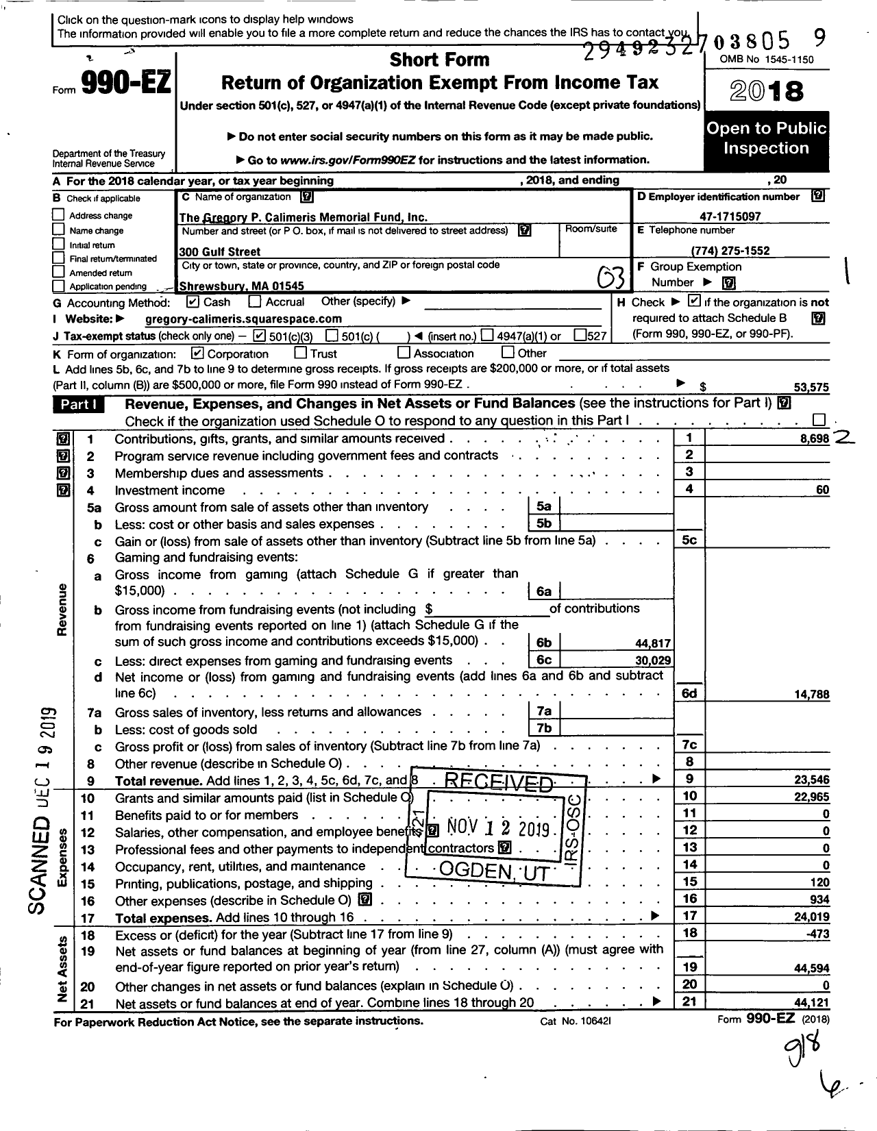 Image of first page of 2018 Form 990EZ for Gregory P Calimeris Memorial Fund