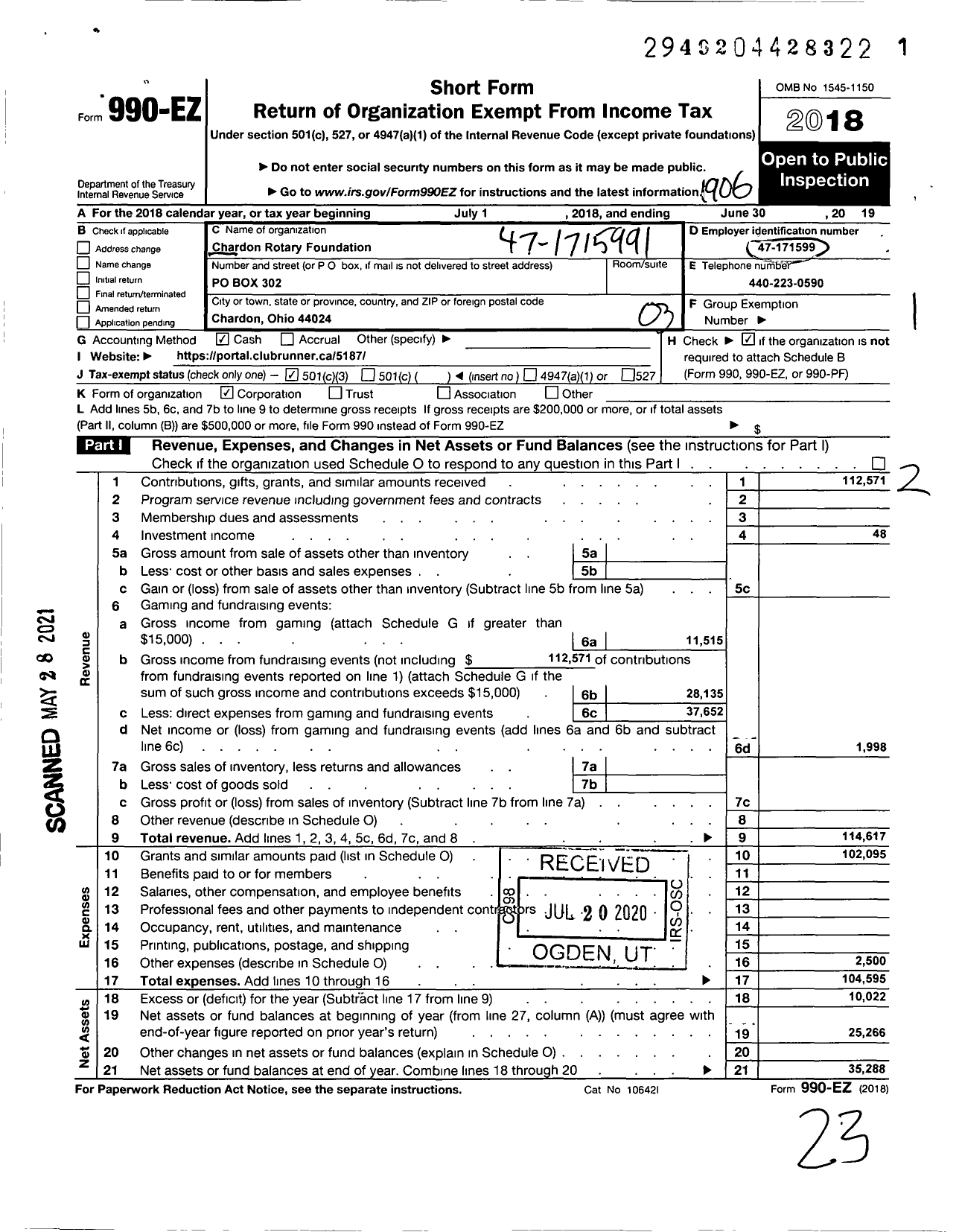 Image of first page of 2018 Form 990EZ for Chardon Rotary Foundation