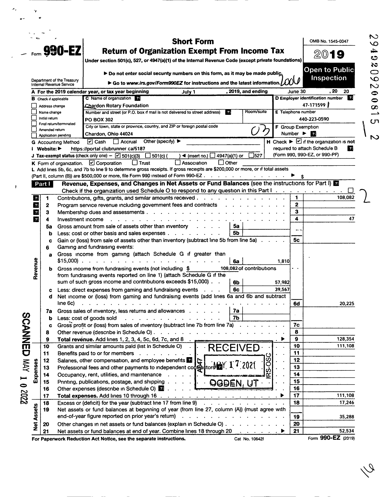 Image of first page of 2019 Form 990EZ for Chardon Rotary Foundation