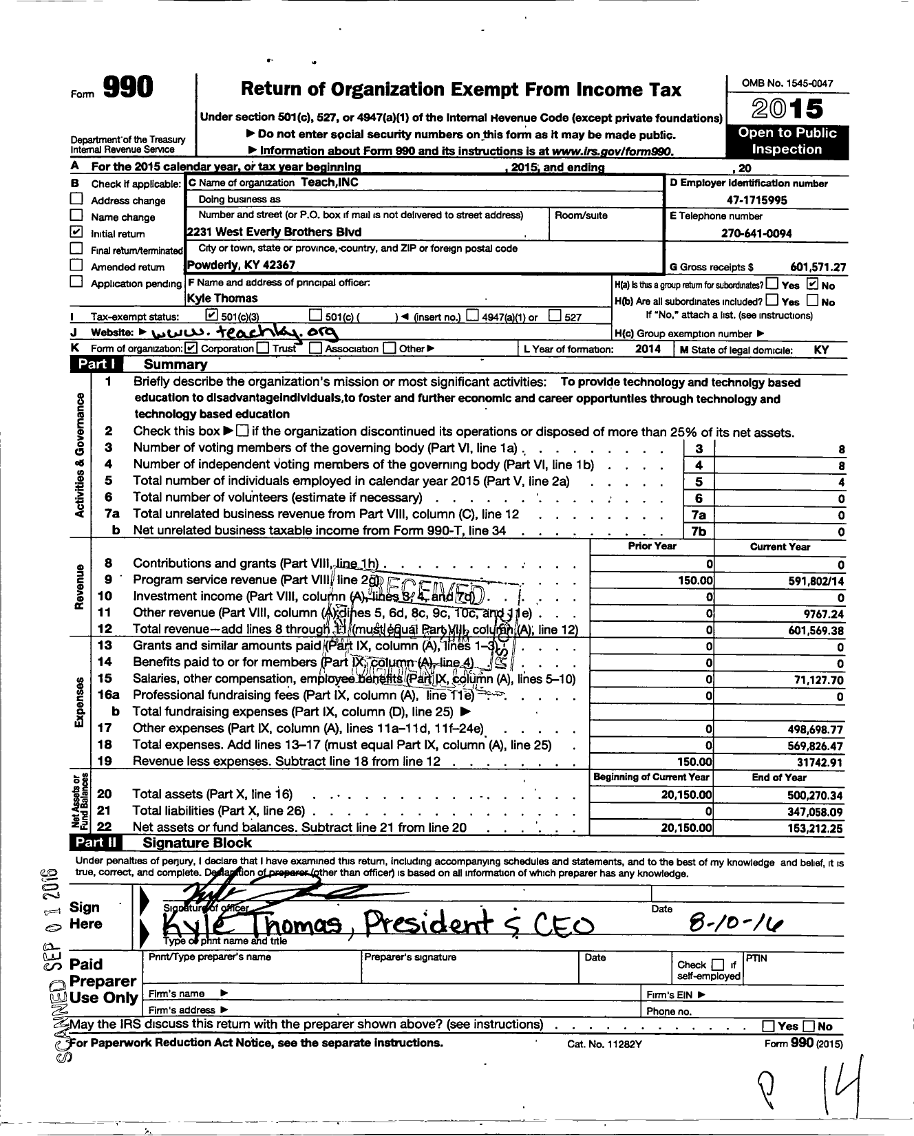 Image of first page of 2015 Form 990 for Teach