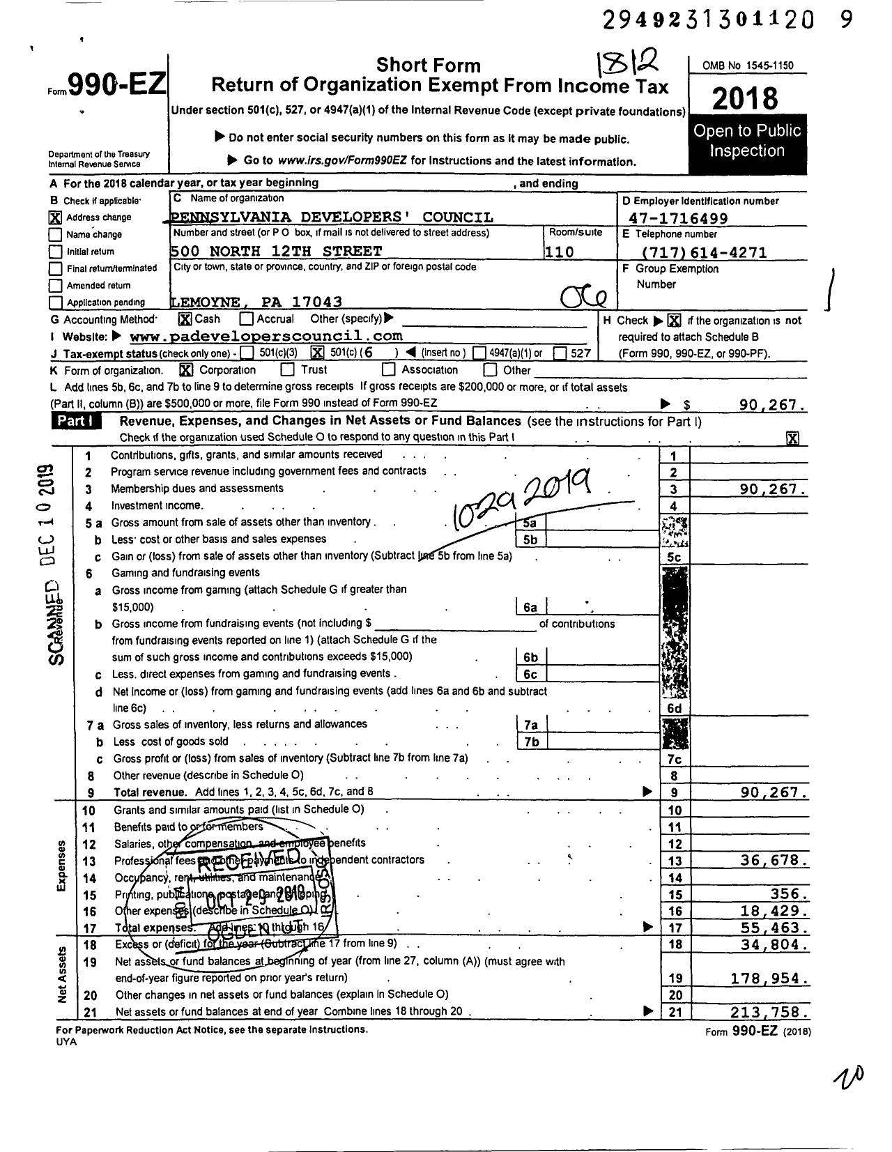 Image of first page of 2018 Form 990EO for Pennsylvania Developers' Council