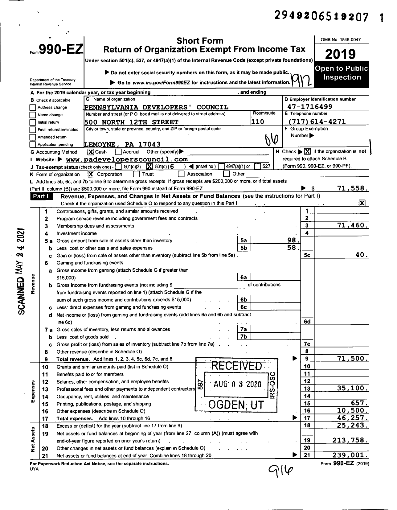 Image of first page of 2019 Form 990EO for Pennsylvania Developers' Council