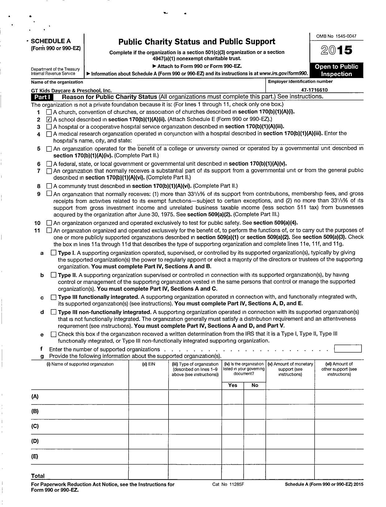 Image of first page of 2015 Form 990R for GT Kids Daycare and Preschool