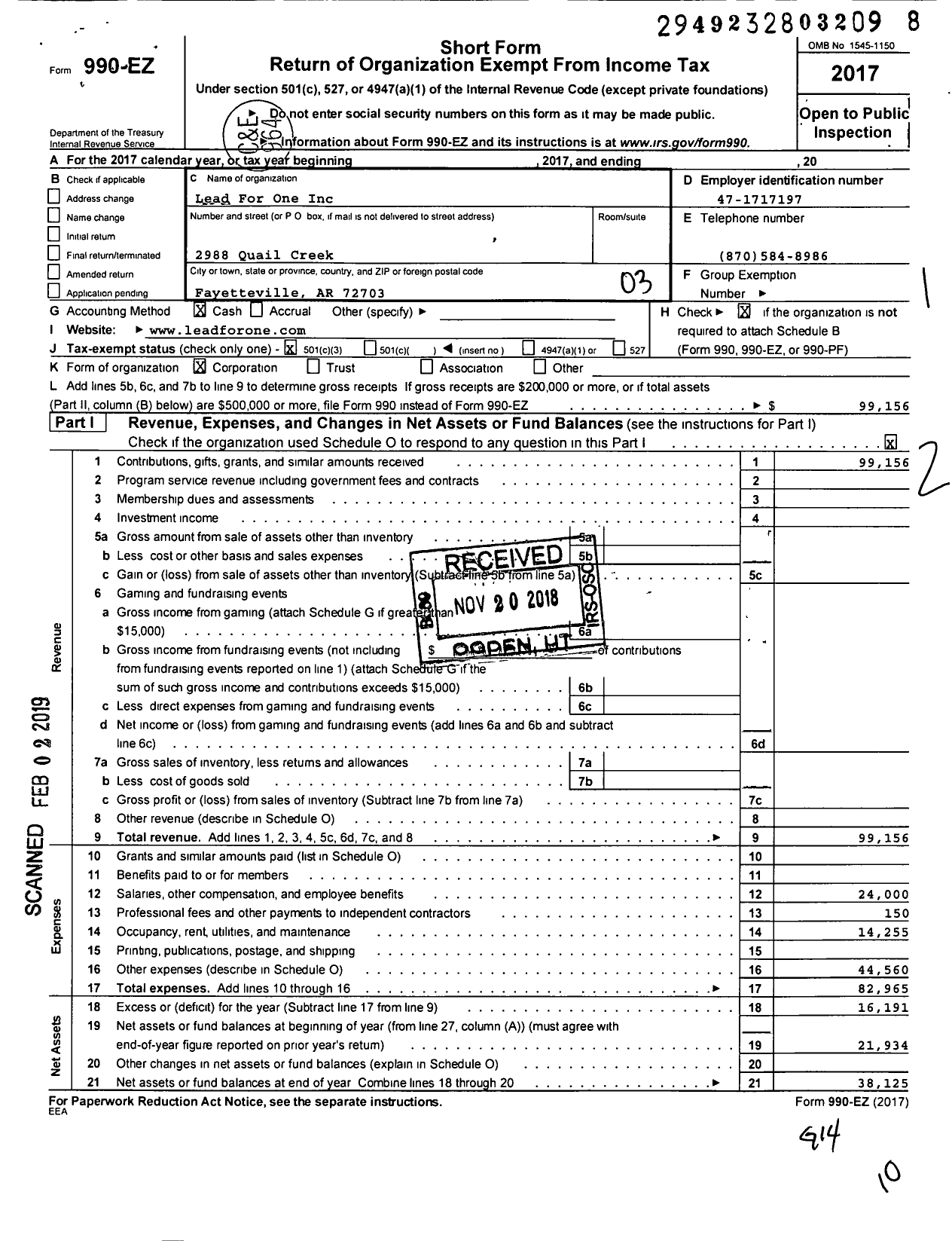 Image of first page of 2017 Form 990EZ for Lead for One