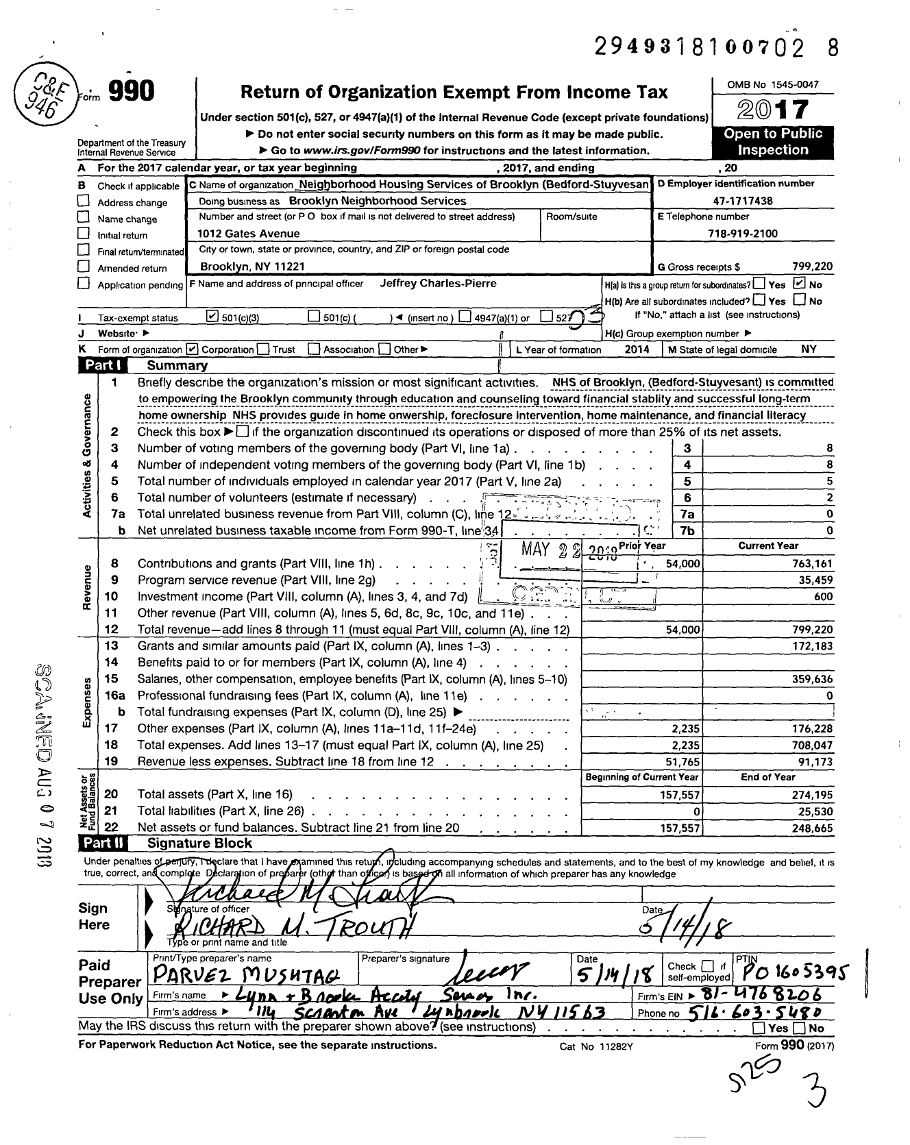 Image of first page of 2017 Form 990 for Brooklyn Neighborhood Services