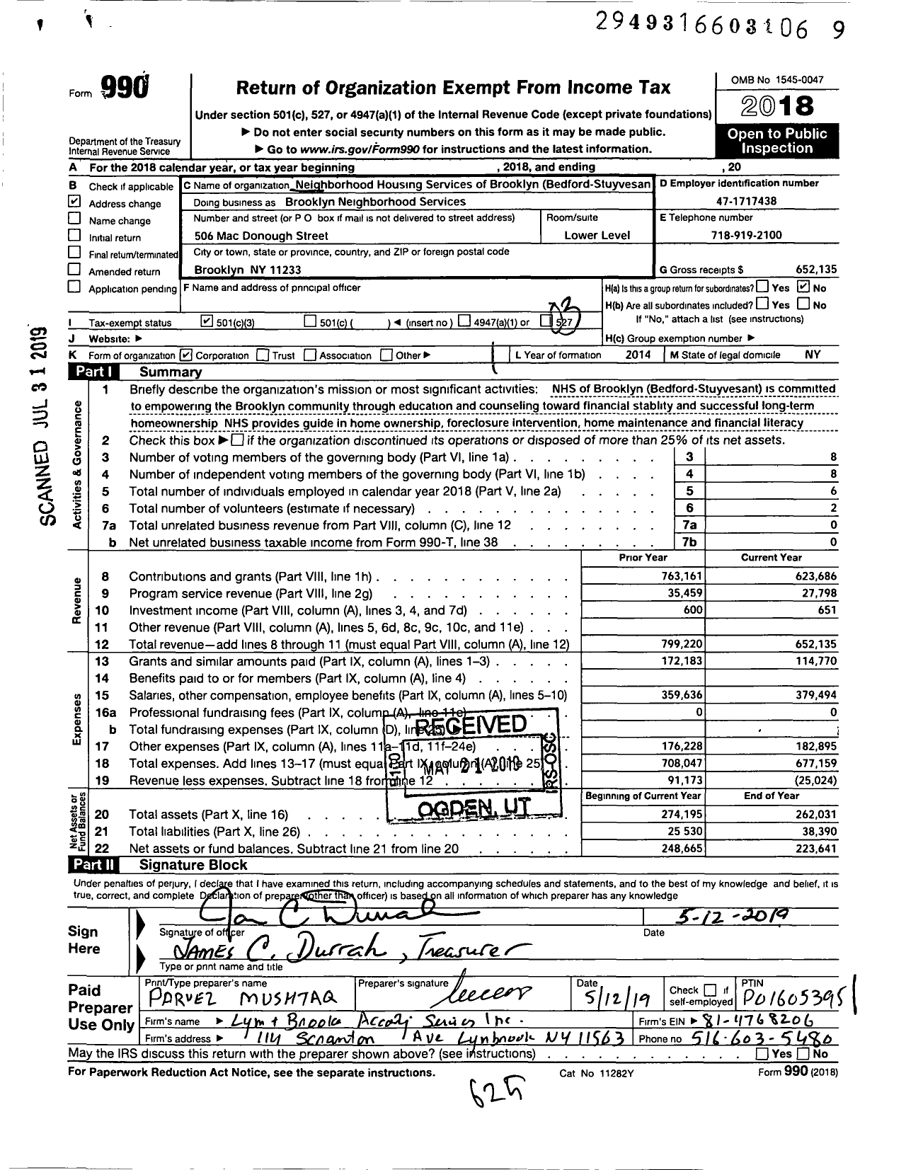 Image of first page of 2018 Form 990 for Brooklyn Neighborhood Services