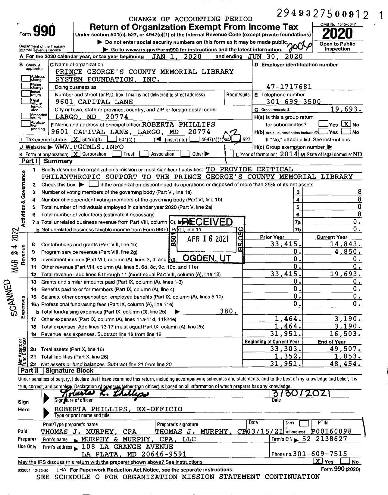 Image of first page of 2019 Form 990 for Prince George's County Memorial Library System Foundation