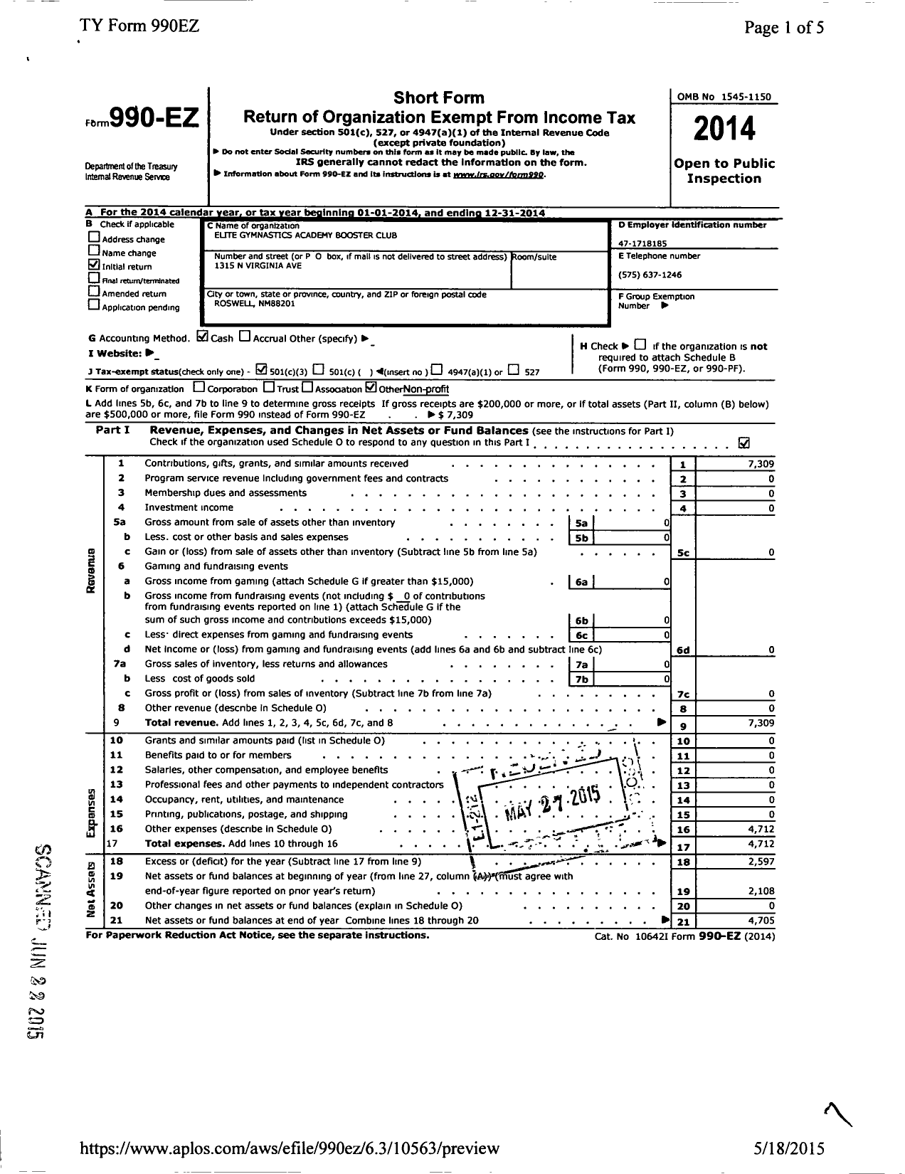 Image of first page of 2014 Form 990EZ for Elite Gymnastics Academy Booster Club