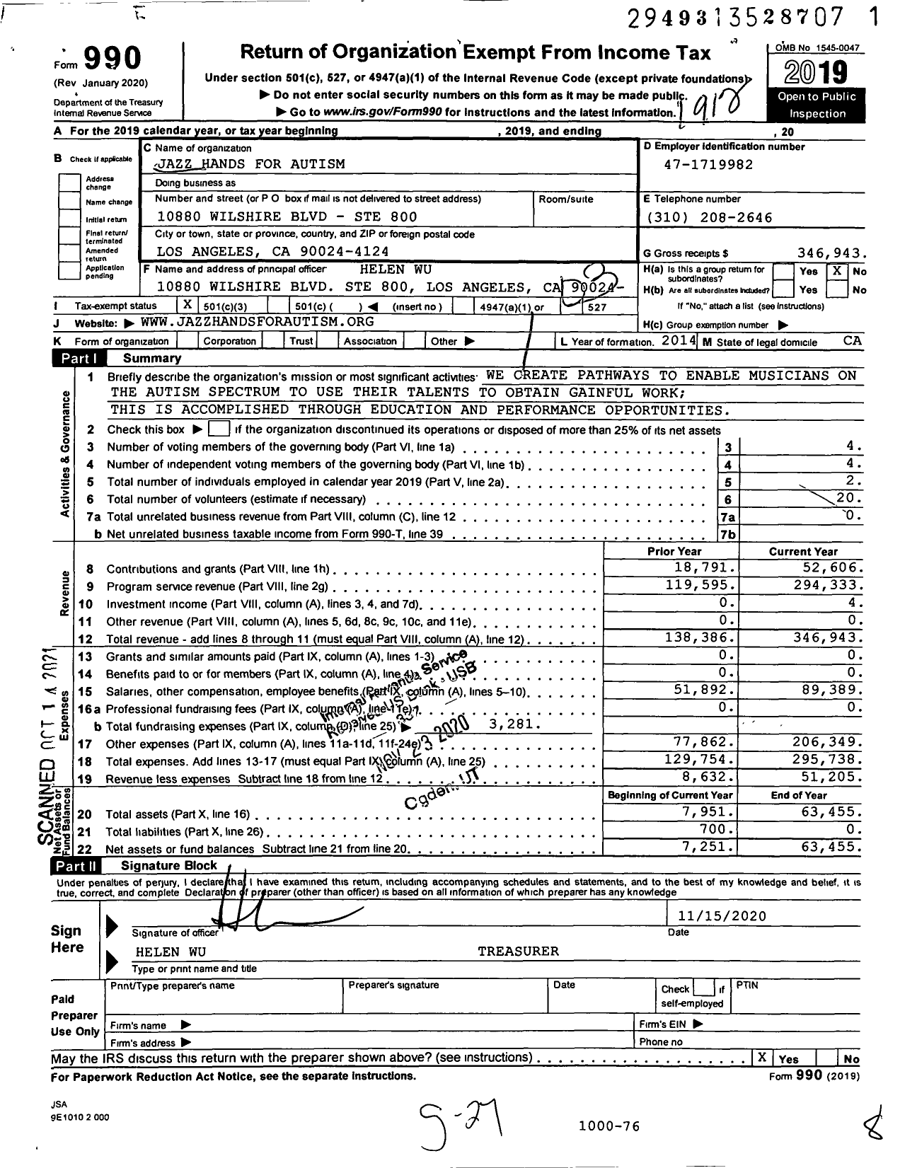 Image of first page of 2019 Form 990 for Jazz Hands for Autism