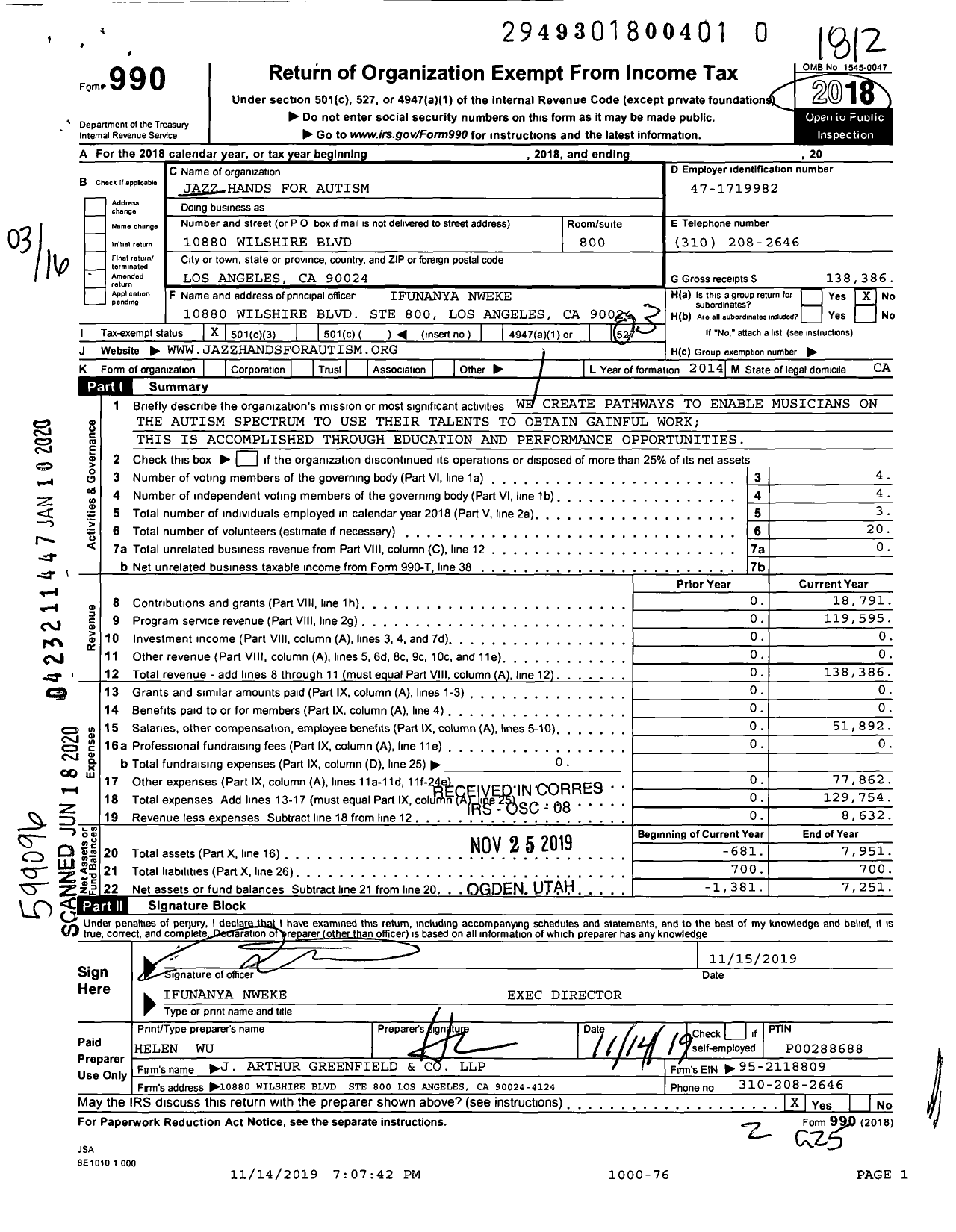 Image of first page of 2018 Form 990 for Jazz Hands for Autism