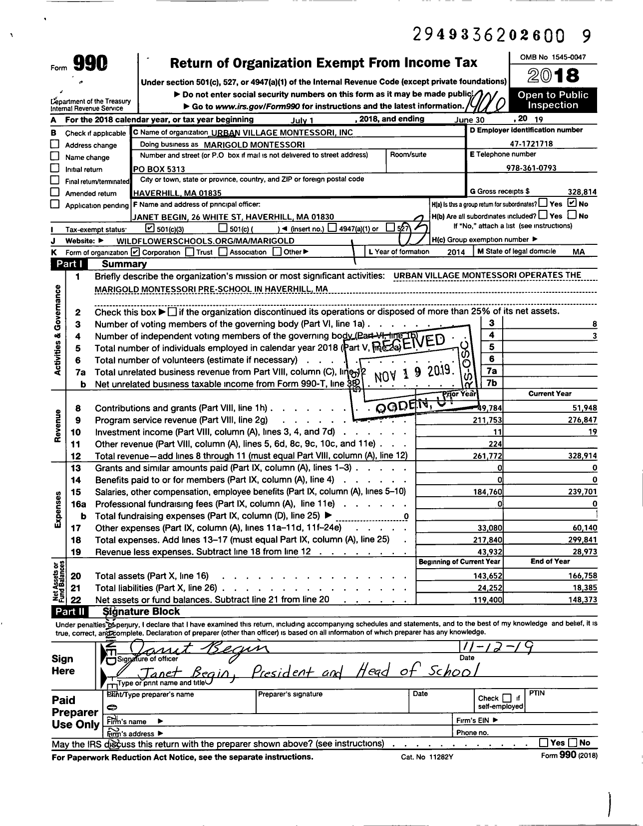 Image of first page of 2018 Form 990 for Marigold Montessori