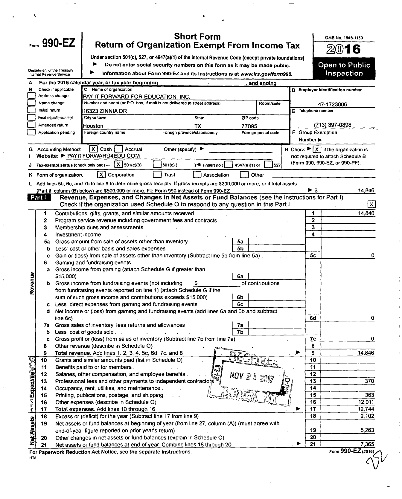 Image of first page of 2016 Form 990EZ for Pay It Forward for Education