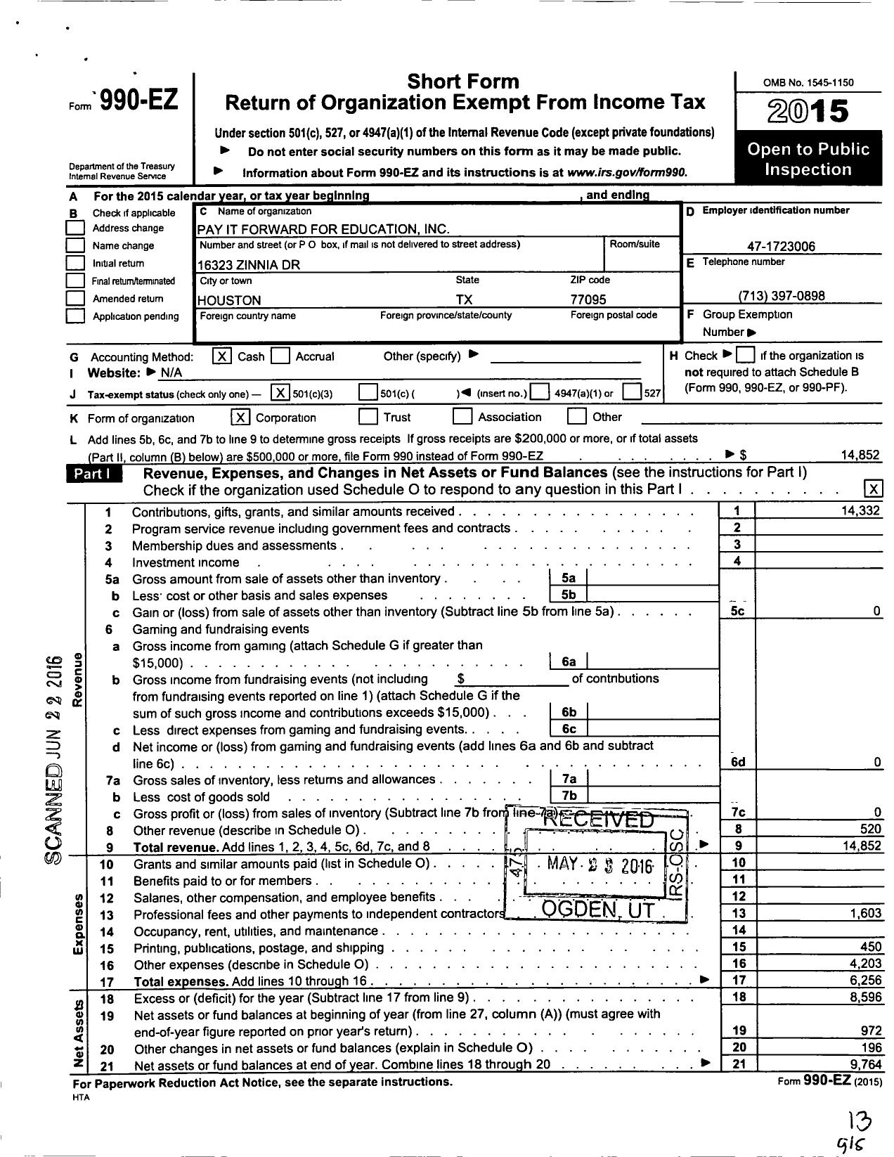 Image of first page of 2015 Form 990EZ for Pay It Forward for Education