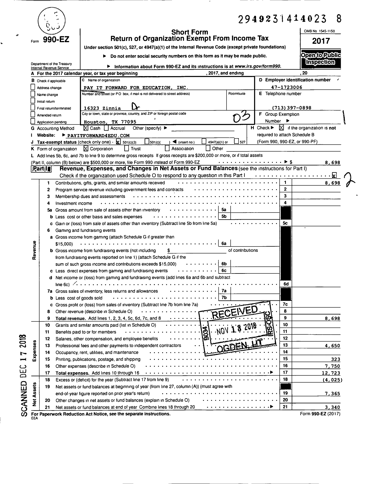 Image of first page of 2017 Form 990EZ for Pay It Forward for Education