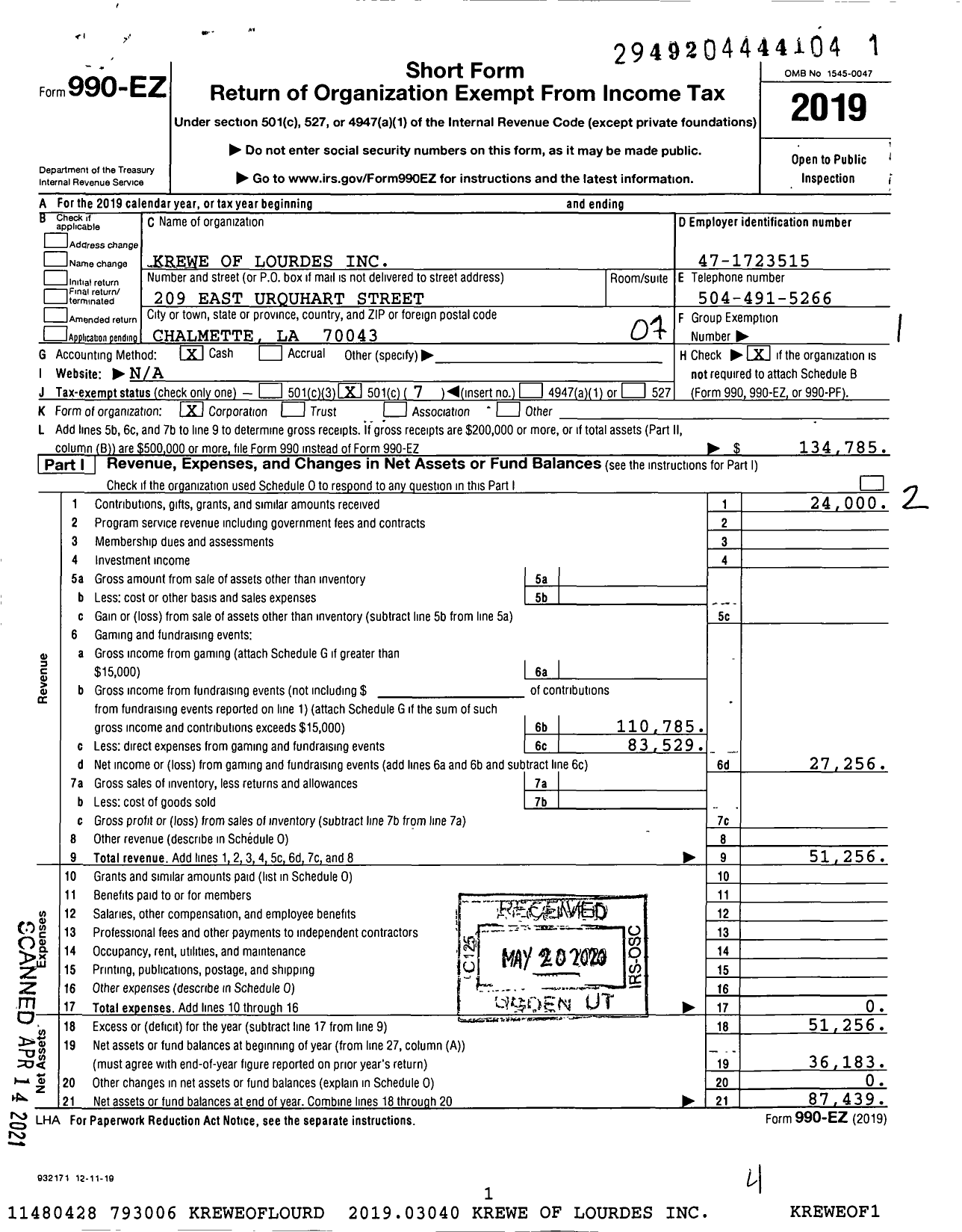 Image of first page of 2019 Form 990EO for Krewe of Lourdes