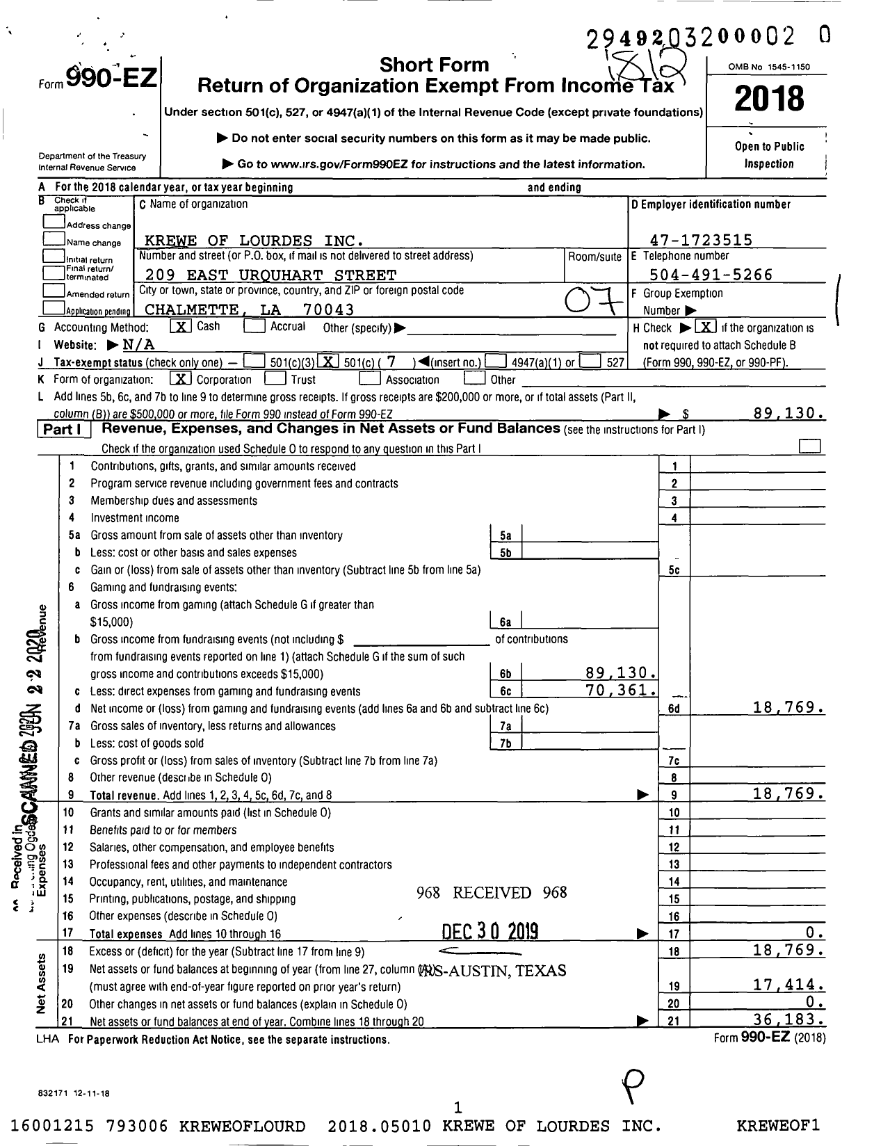 Image of first page of 2018 Form 990EO for Krewe of Lourdes