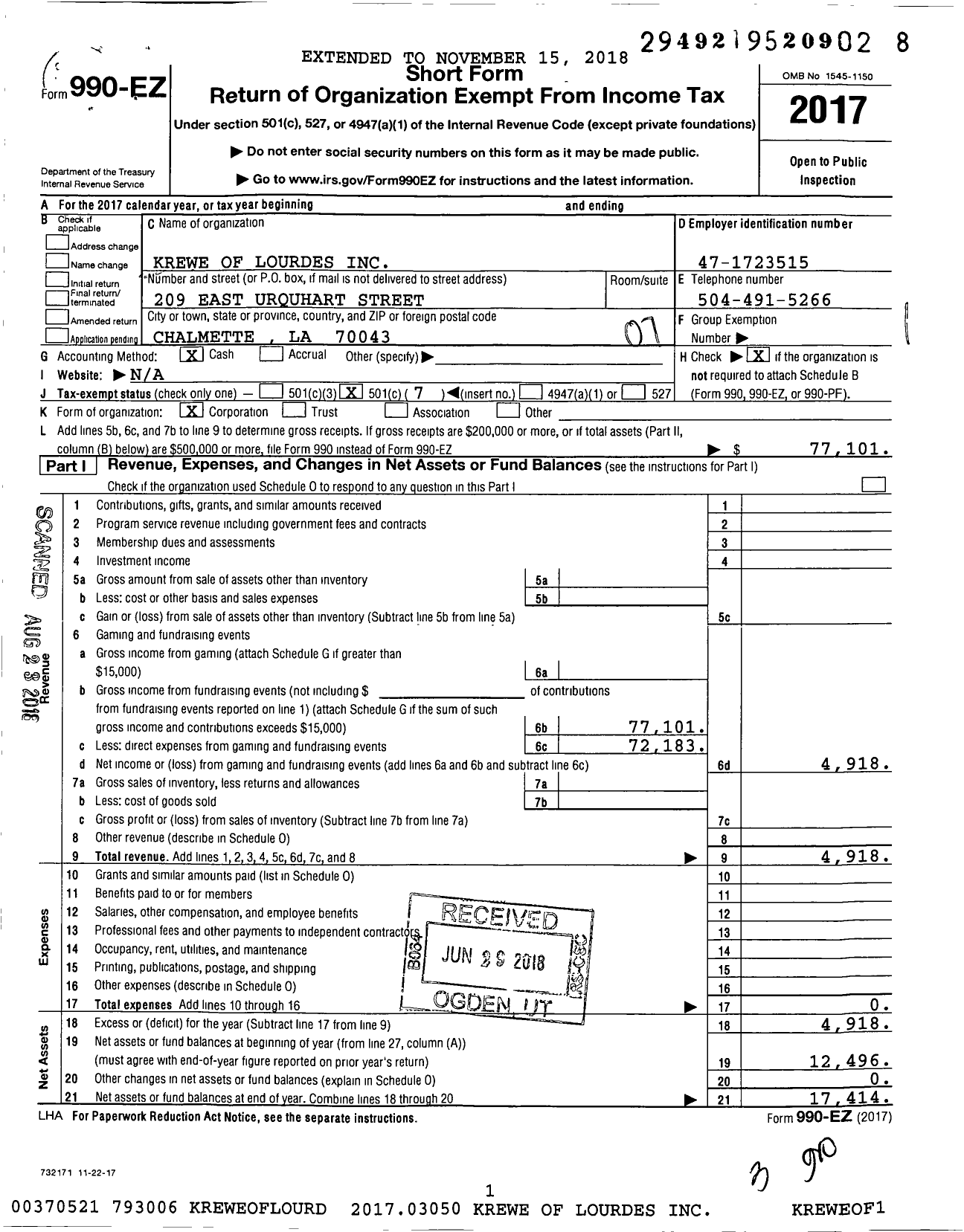 Image of first page of 2017 Form 990EO for Krewe of Lourdes