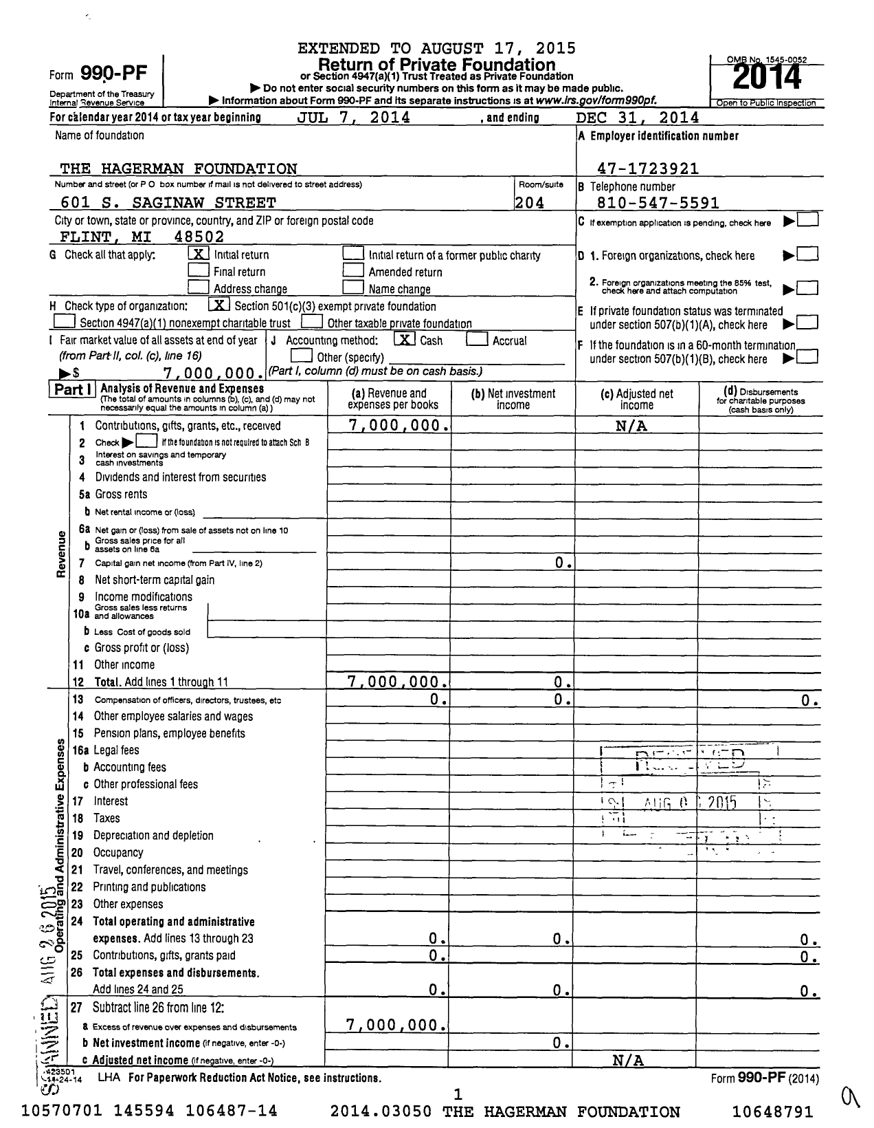 Image of first page of 2014 Form 990PF for The Hagerman Foundation