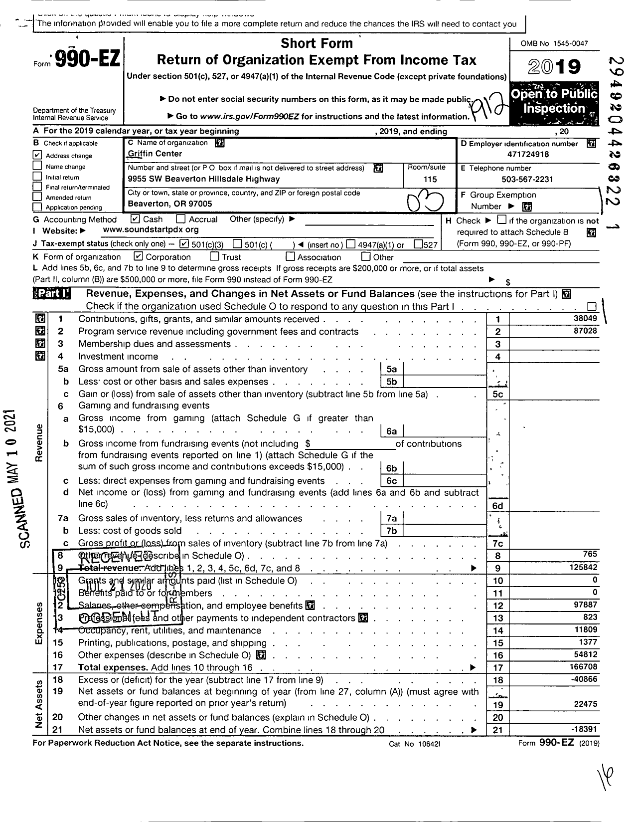 Image of first page of 2019 Form 990EZ for Griffin Center for Inspired Instruction soundSTART