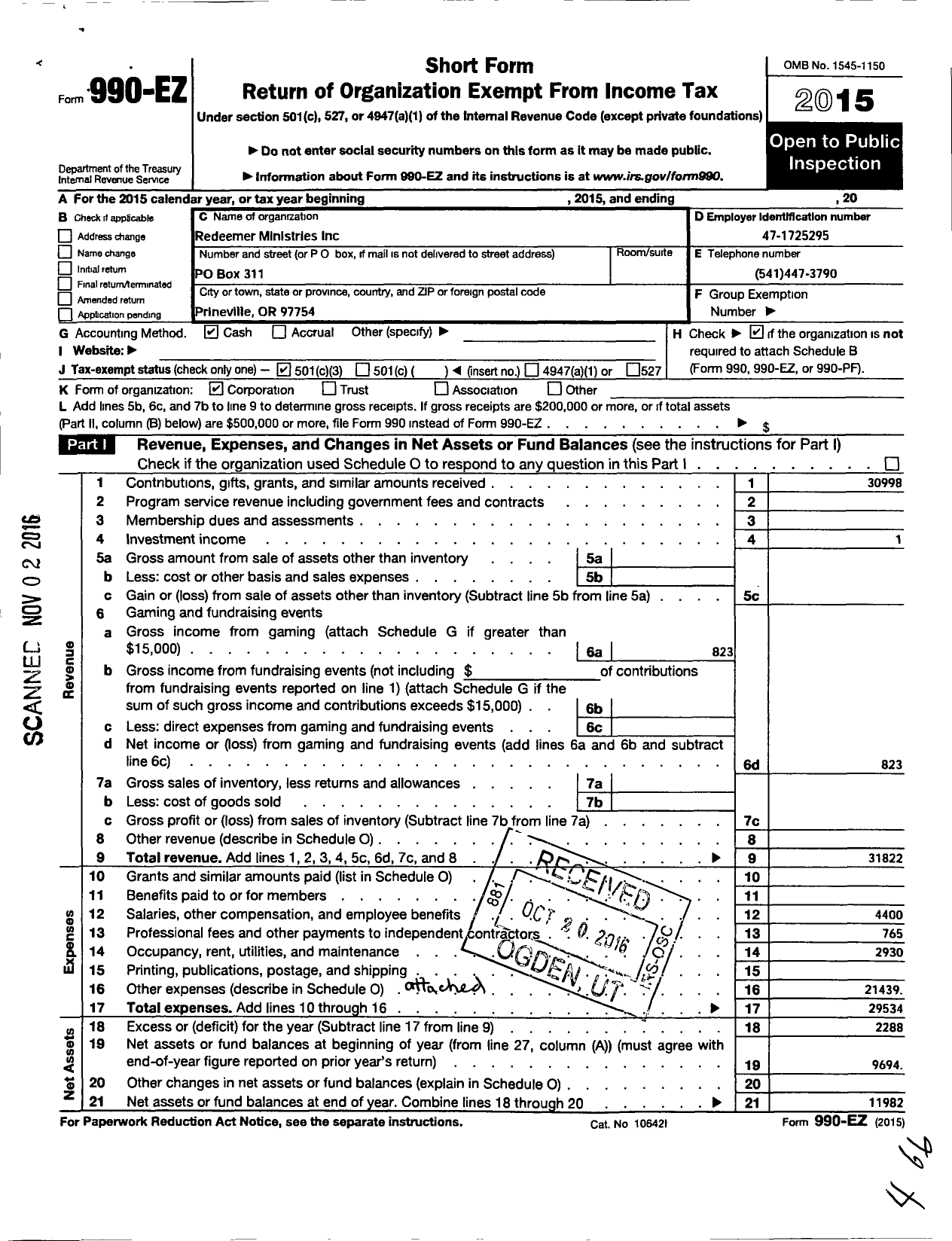 Image of first page of 2015 Form 990EZ for Redeemer Ministries