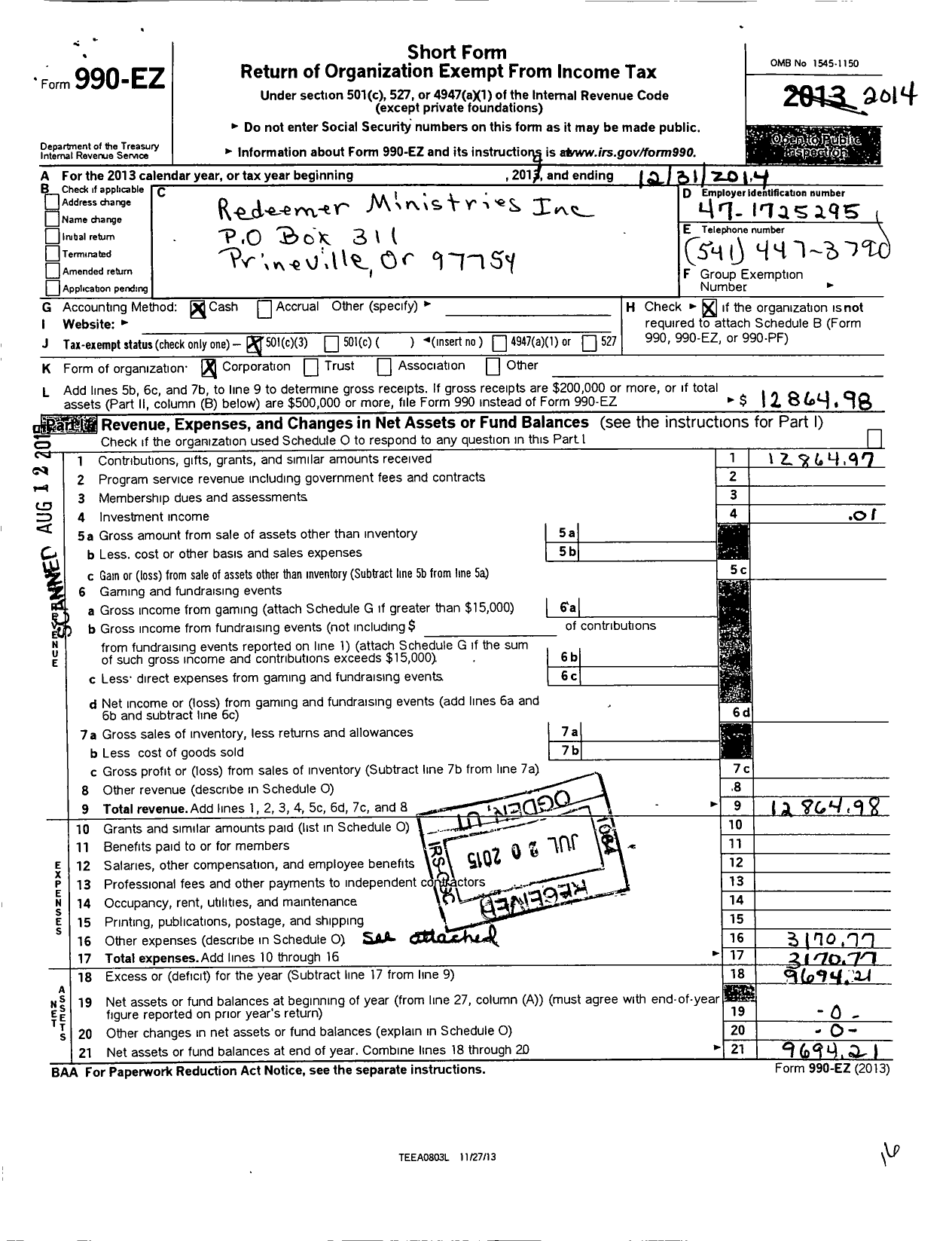 Image of first page of 2014 Form 990EZ for Redeemer Ministries