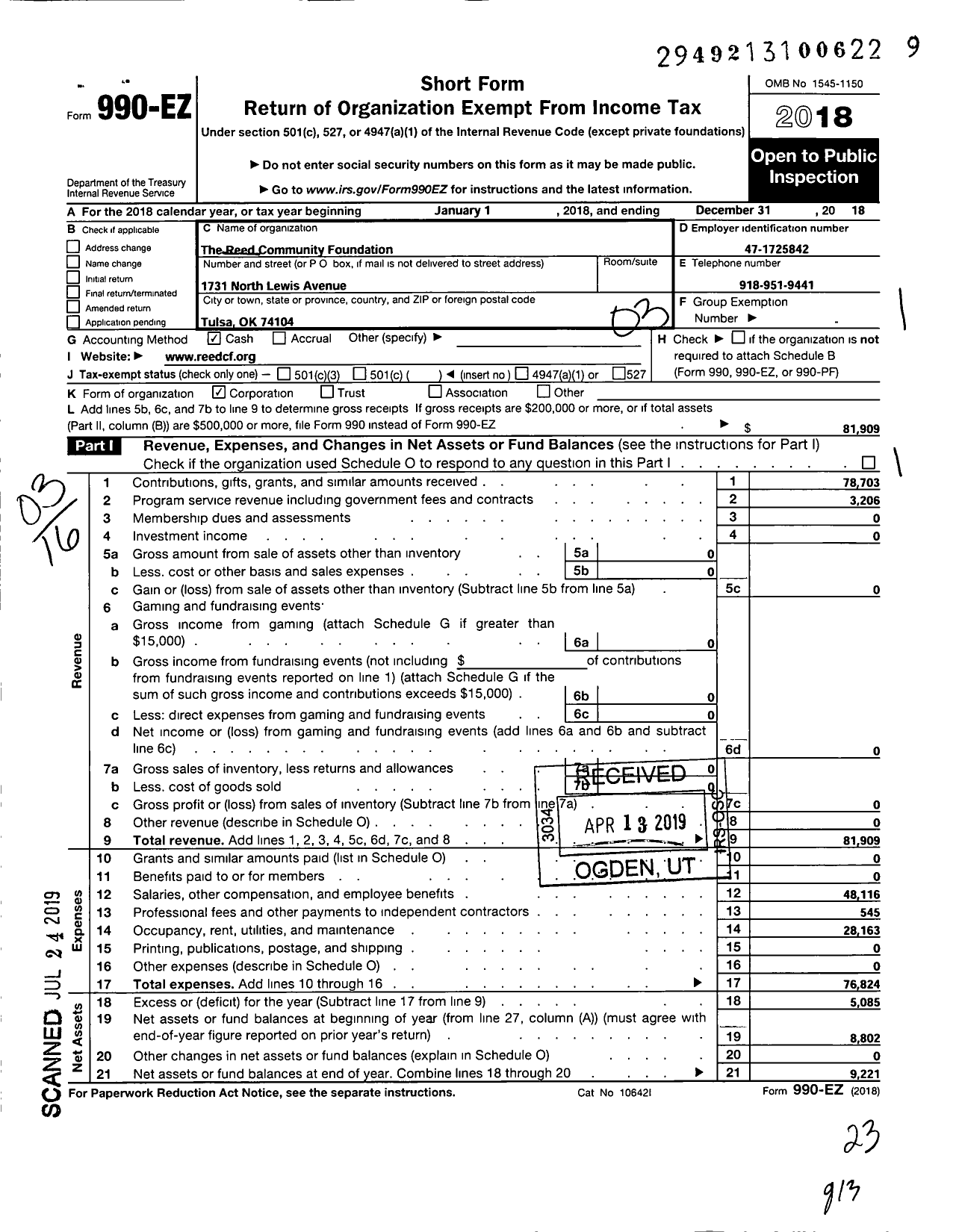 Image of first page of 2018 Form 990EZ for The Reed Community Foundation