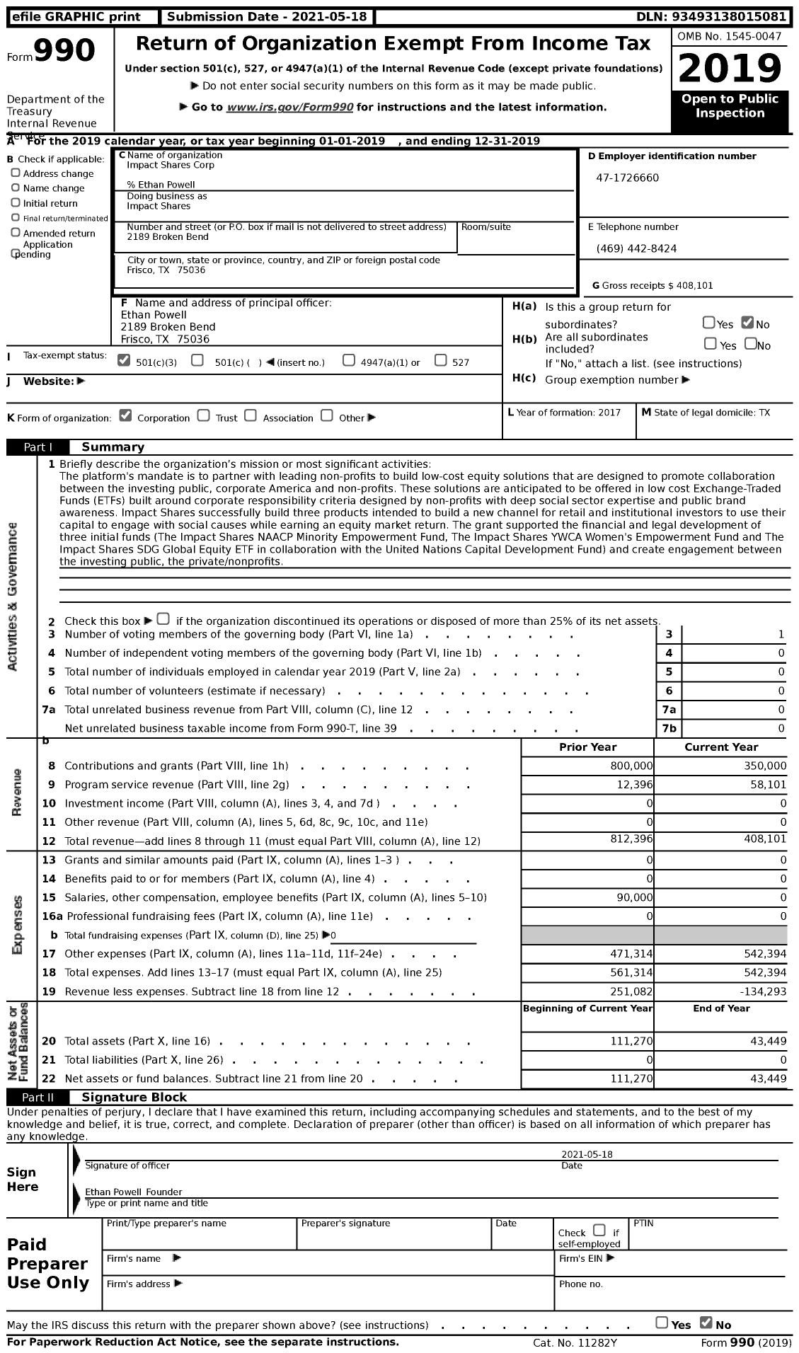 Image of first page of 2019 Form 990 for Impact Shares