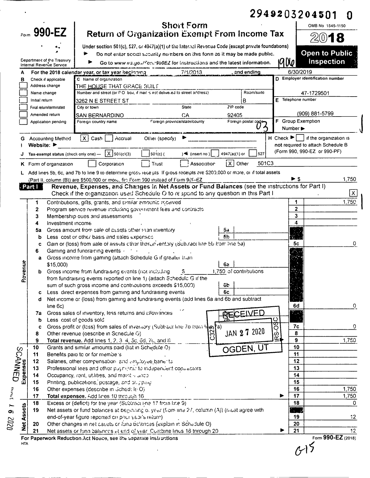 Image of first page of 2018 Form 990EZ for The House That Grace Built