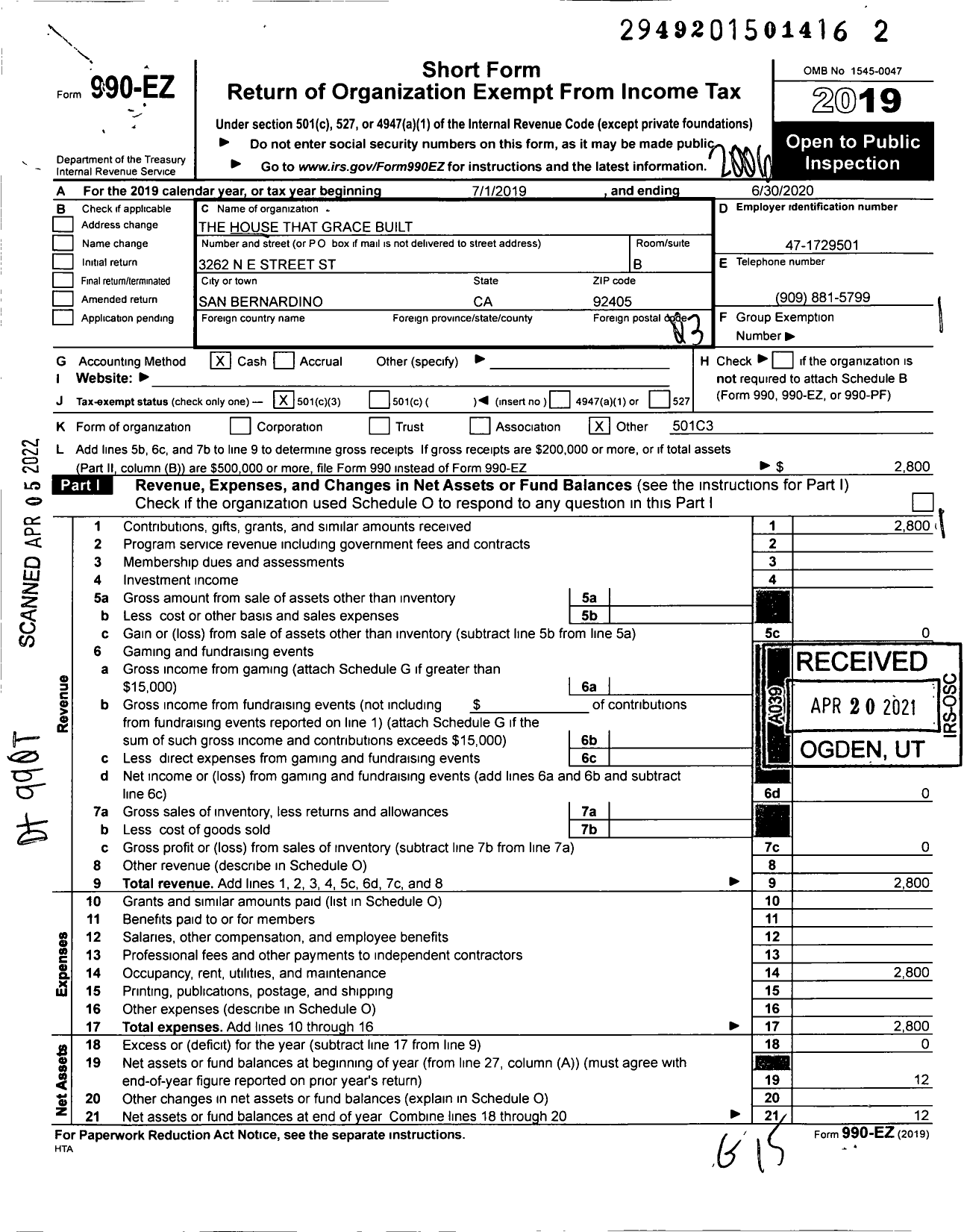 Image of first page of 2019 Form 990EZ for The House That Grace Built