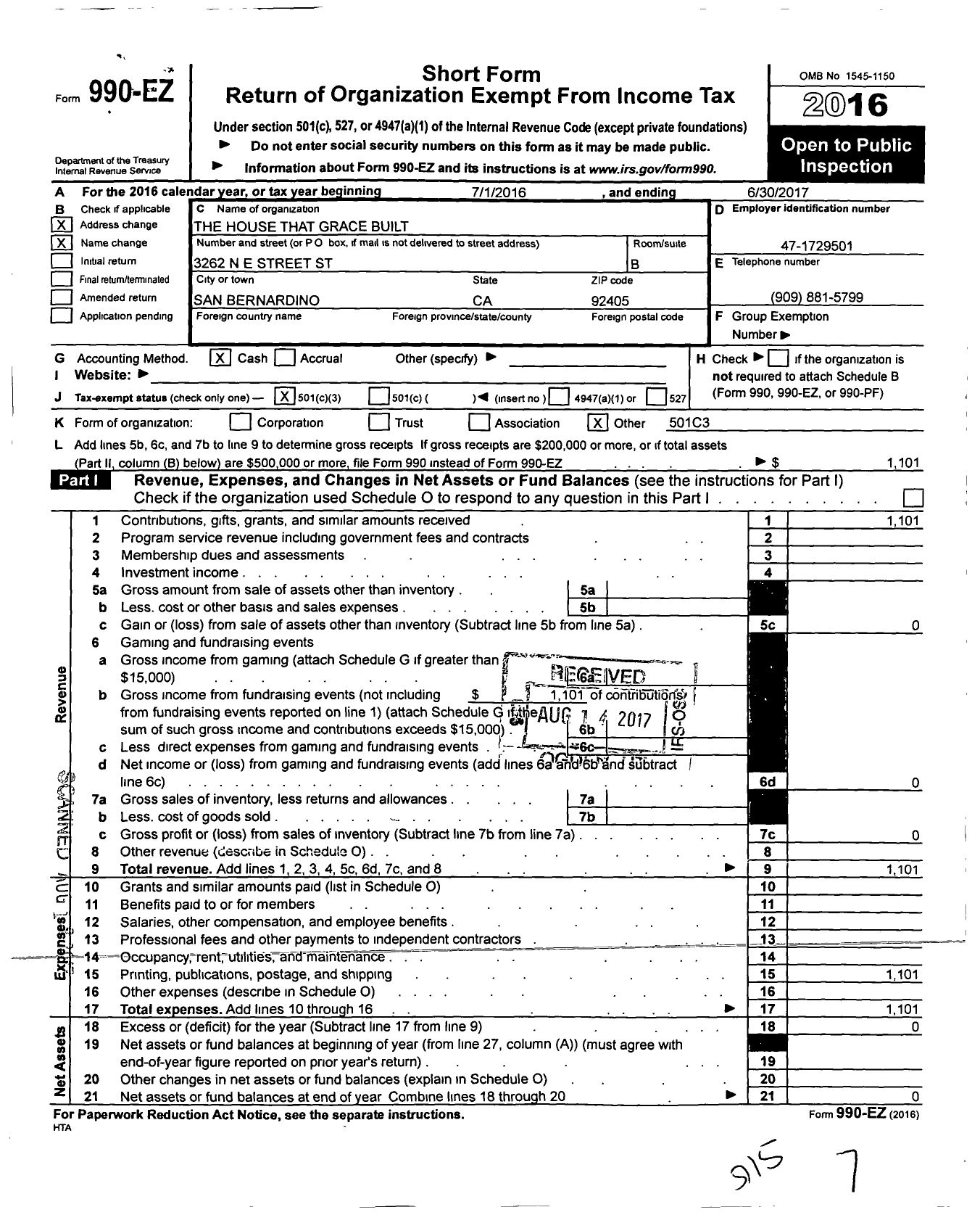 Image of first page of 2016 Form 990EZ for The House That Grace Built