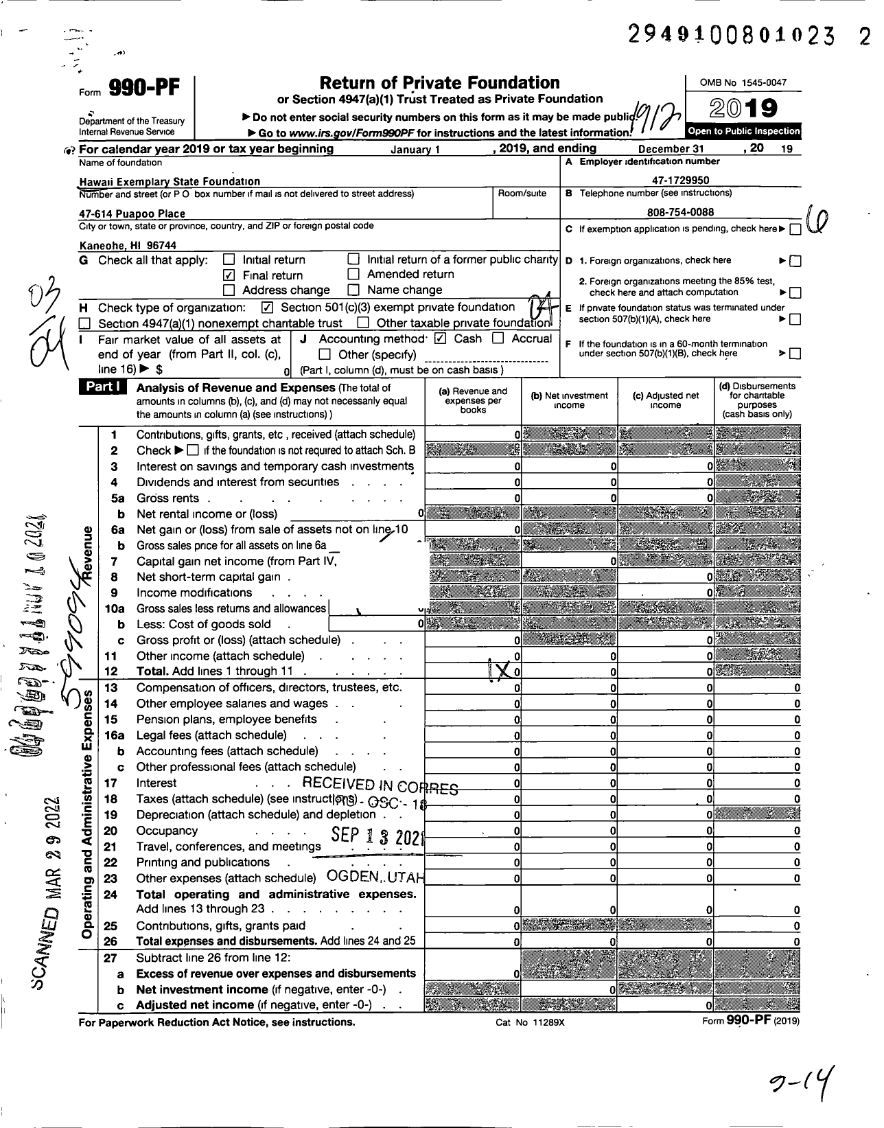 Image of first page of 2019 Form 990PF for Hawaii Exemplary State Foundation