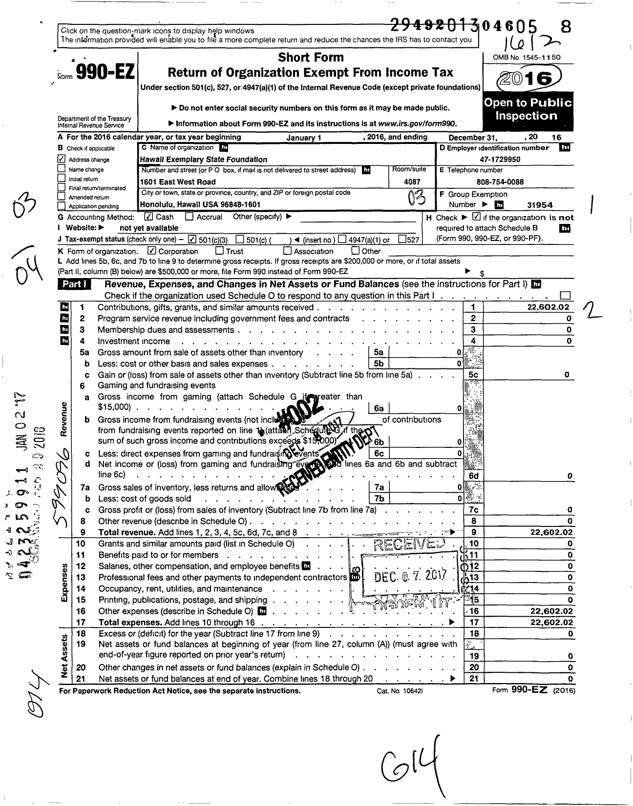 Image of first page of 2016 Form 990EZ for Hawaii Exemplary State Foundation