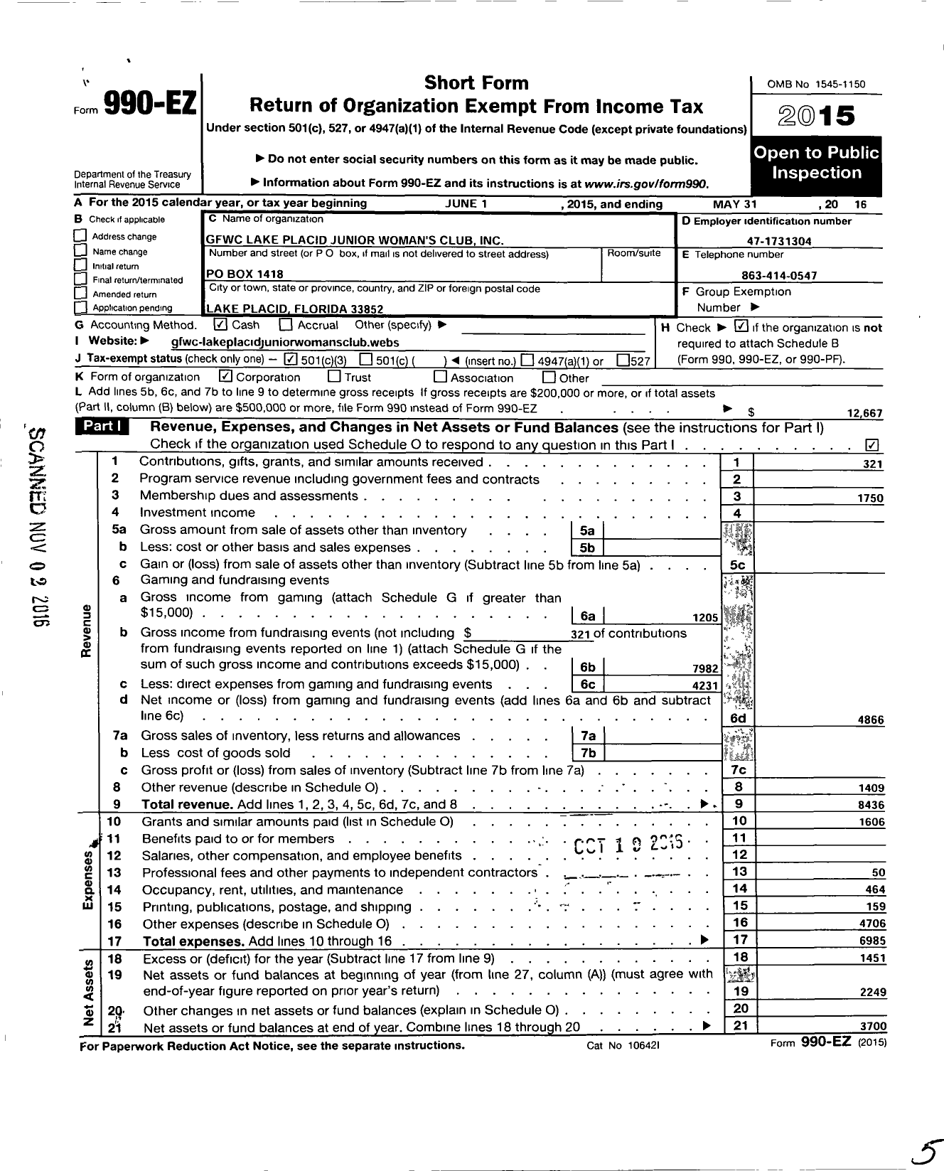 Image of first page of 2015 Form 990EZ for GFWC Lake Placid Junior Womans Club