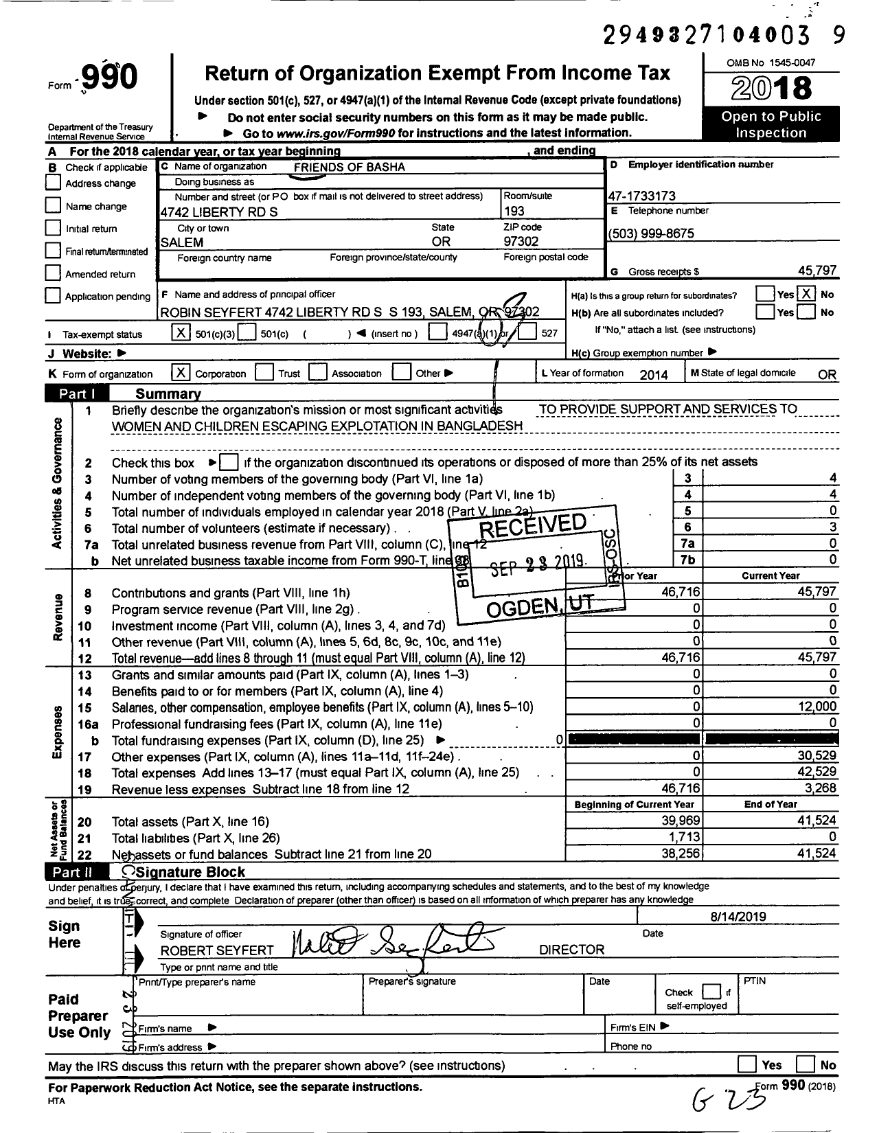 Image of first page of 2018 Form 990 for Friends of Basha